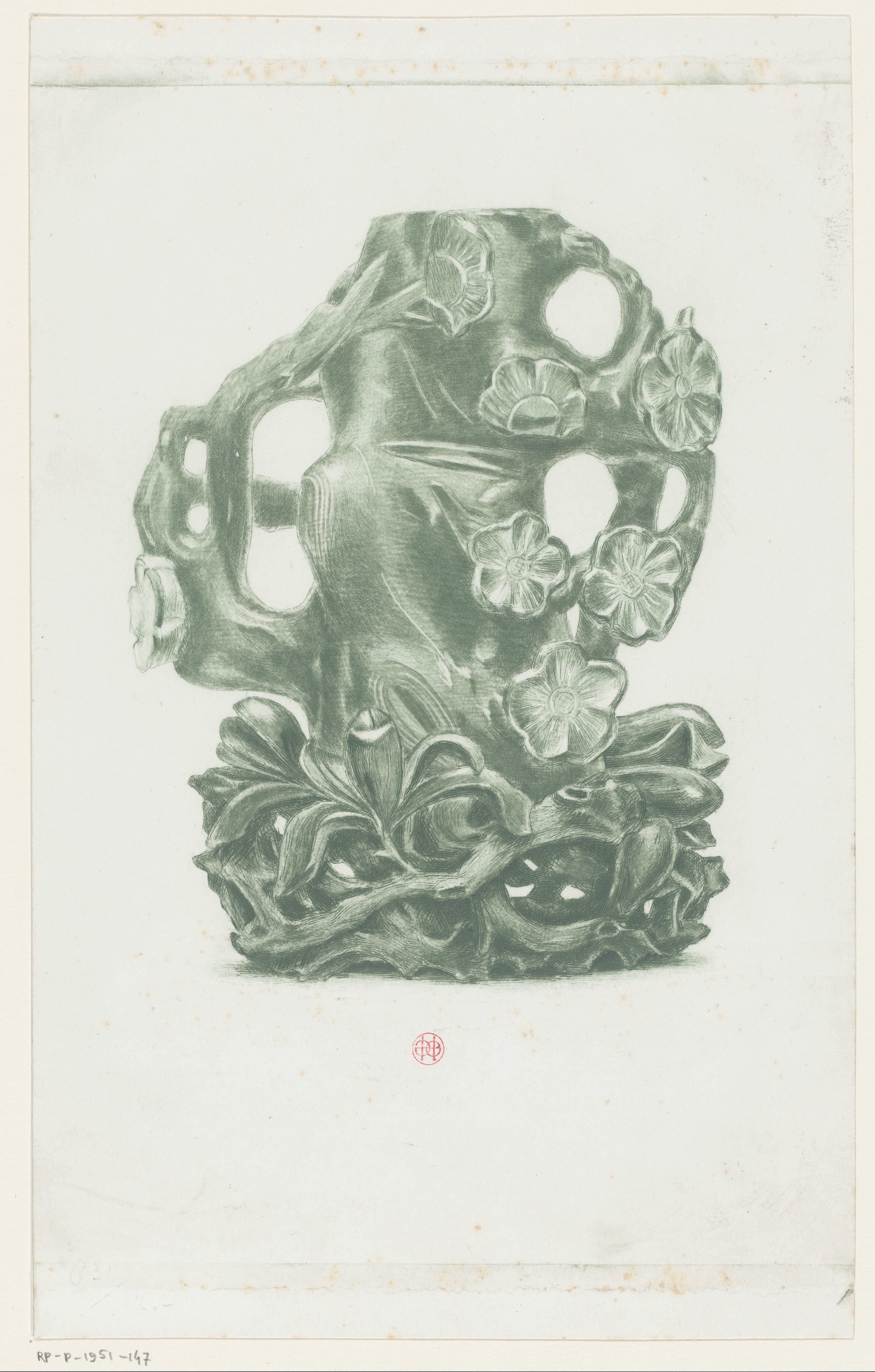 Japans snijwerk met takken en bloemen, mogelijk in jade
