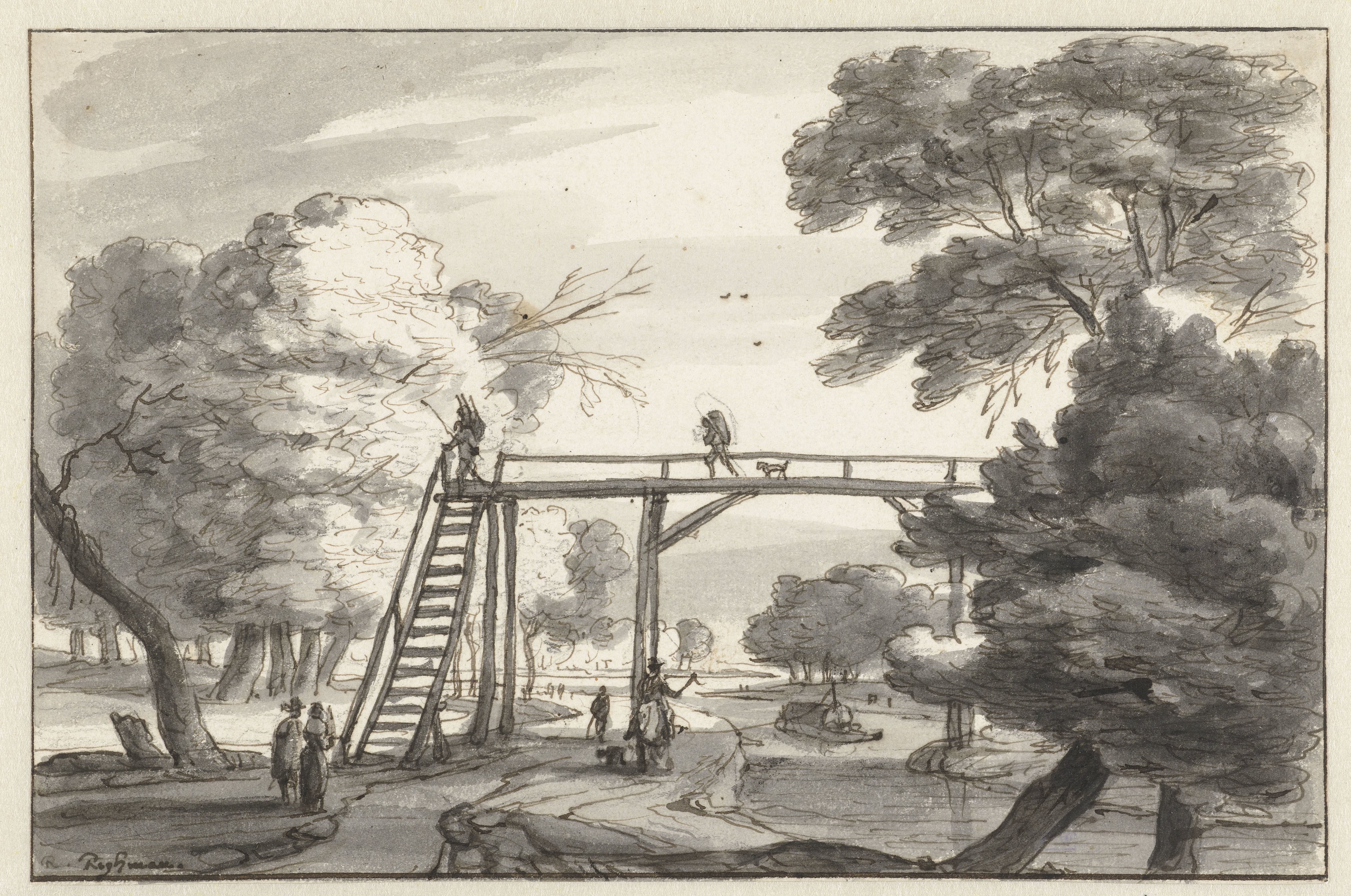 Landscape with a High Wooden Footbridge over a Canal