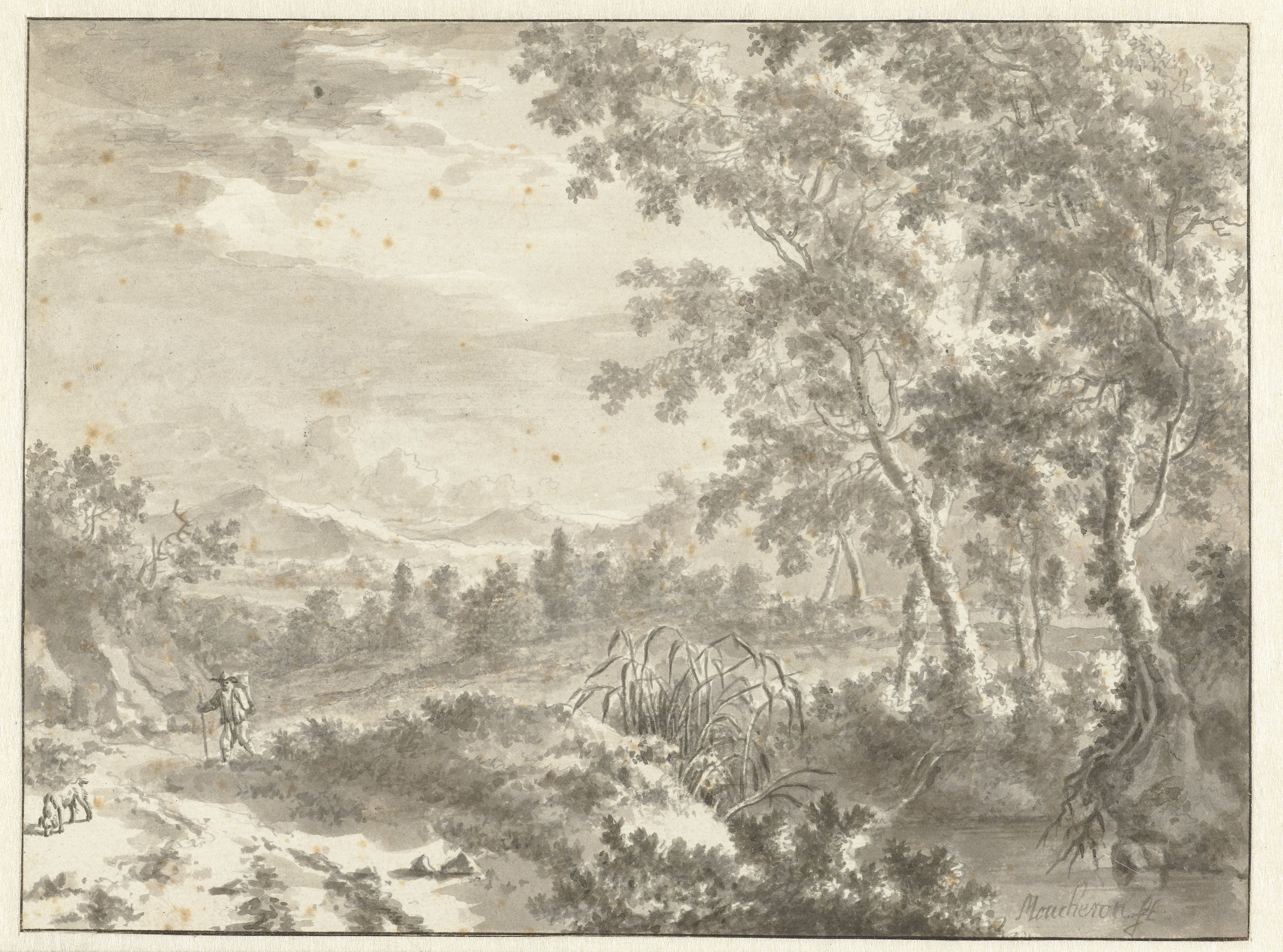 Hilly Landscape with Large Trees and a Traveller