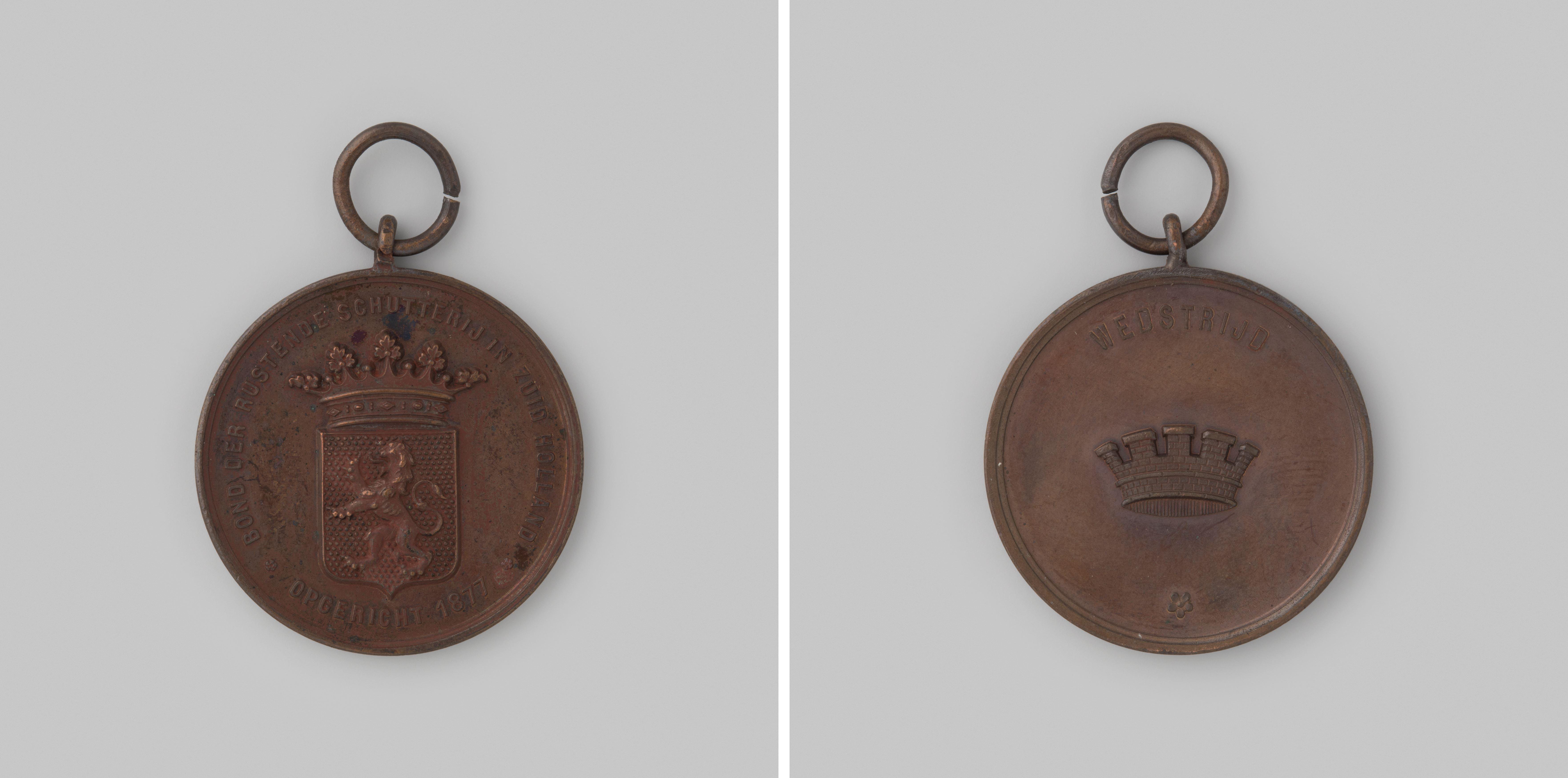 Prijspenning van de Bond der Rustende Schutterij in Zuid-Holland, behaald door het regiment schutterij te Amsterdam in 1885, vierde prijs voor Individueel-vuur