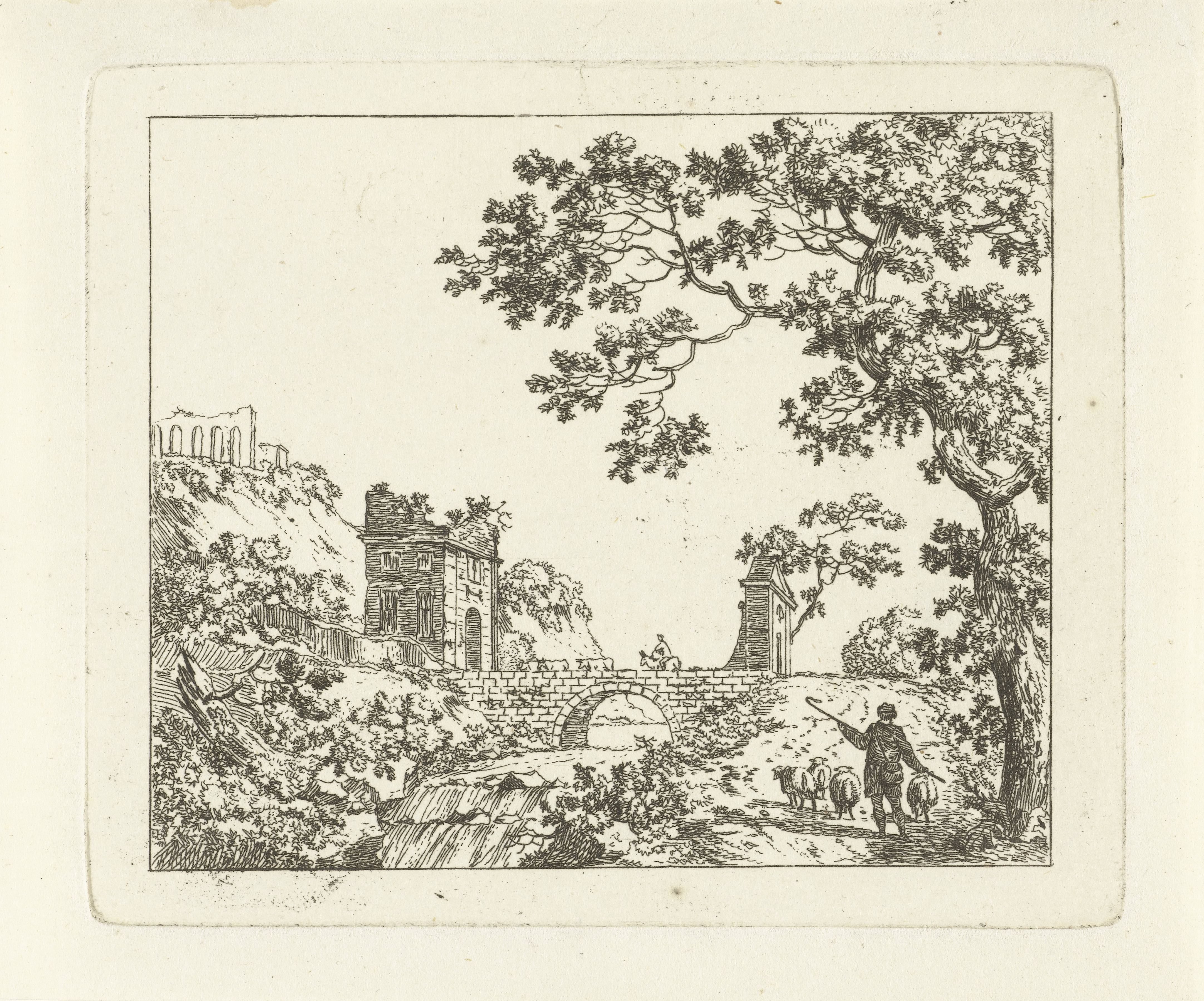 Gezicht op een brug over een rivier met een waterval