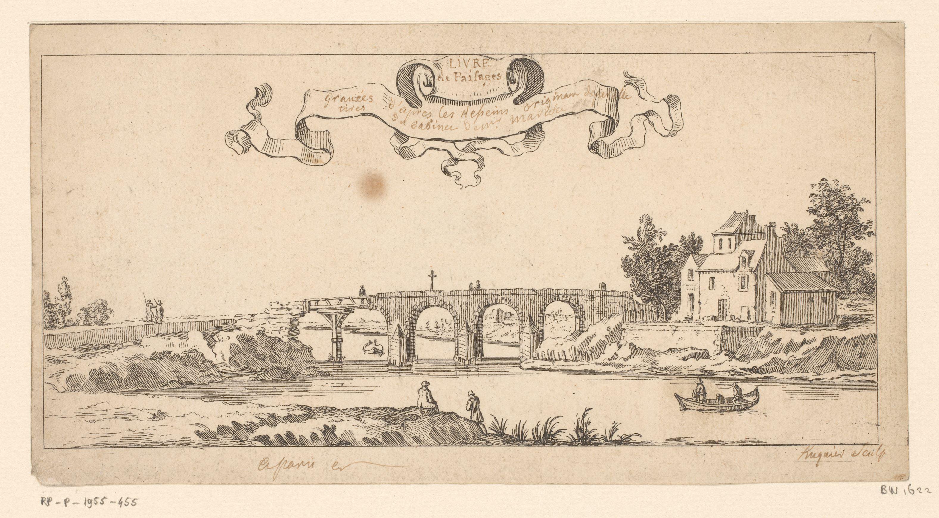 Titelprent met een landschap met brug