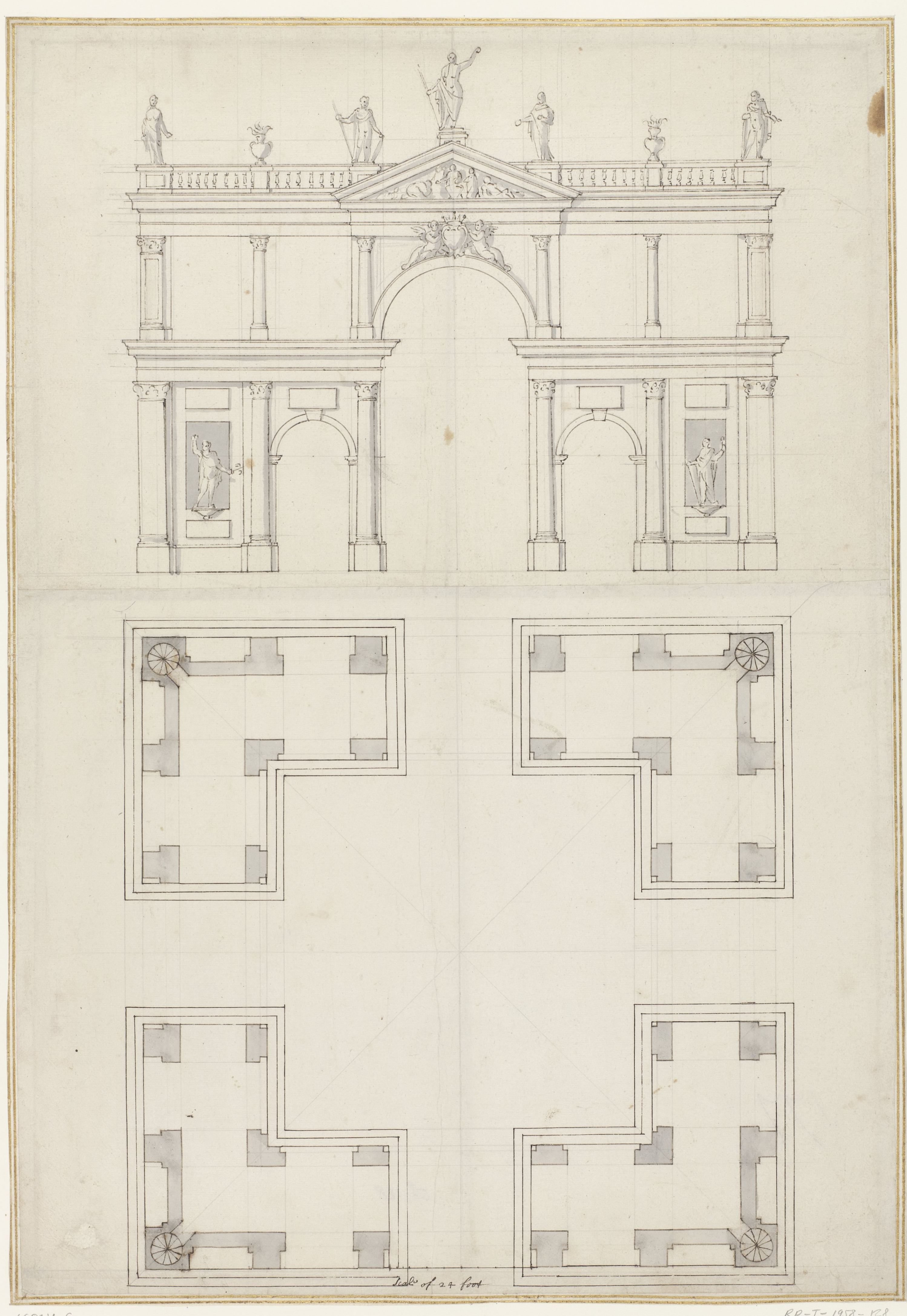 Ontwerp voor een vierkante porticus, kruisgewijs doorsneden, op de balustrade en in nissen standbeelden