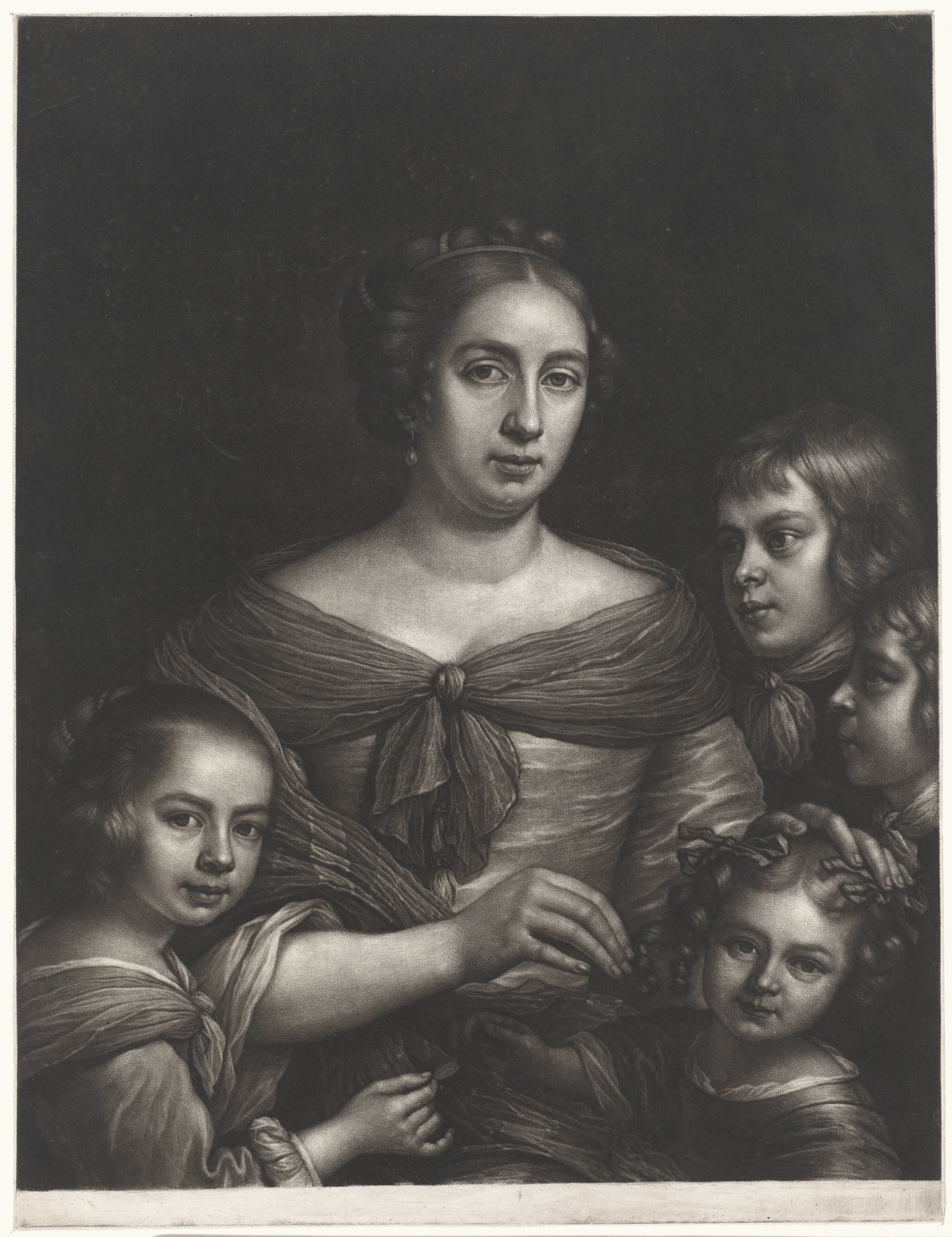 Portret van een moeder met vier kinderen