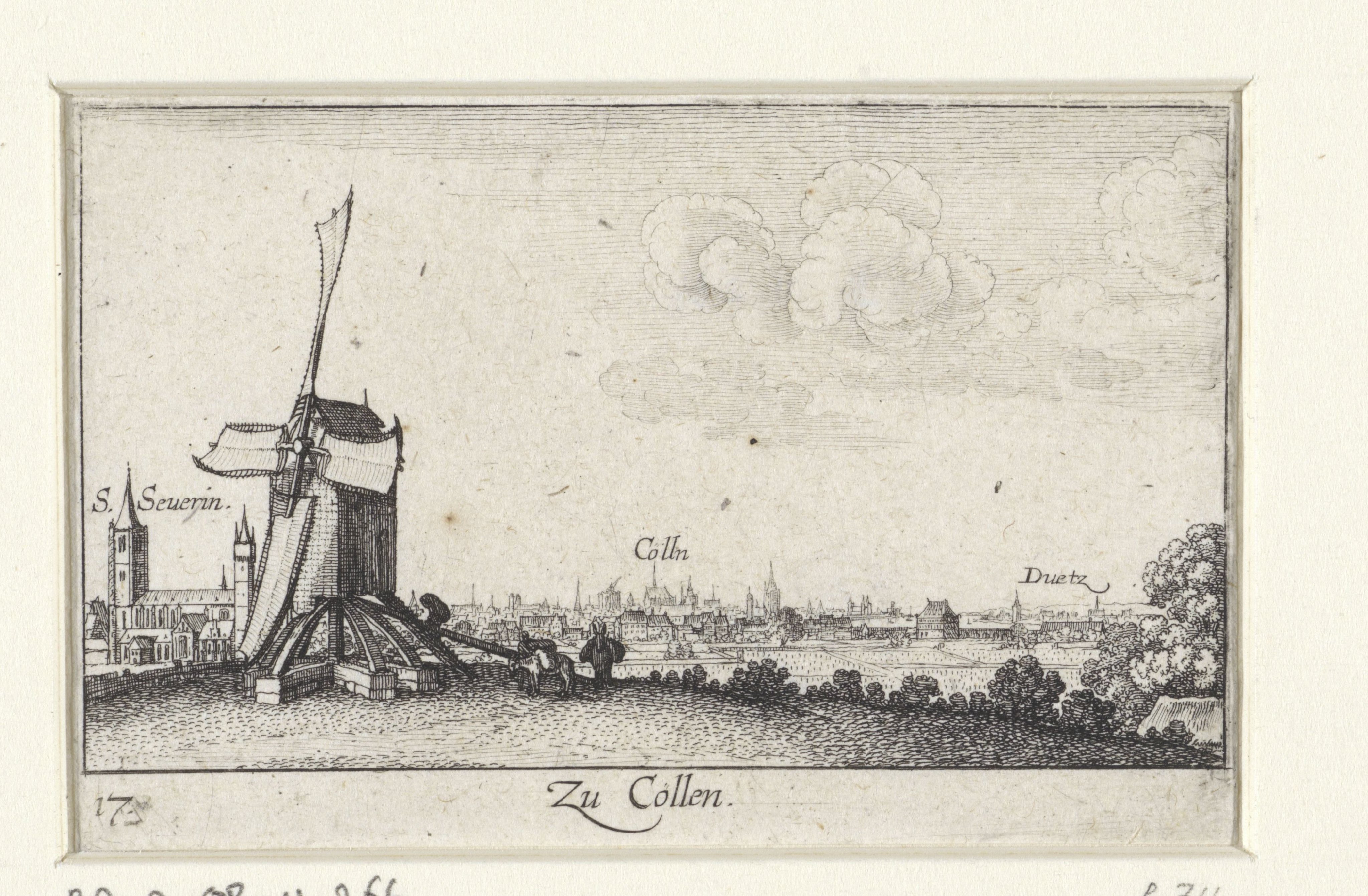 Gezicht op Keulen met molen op voorgrond