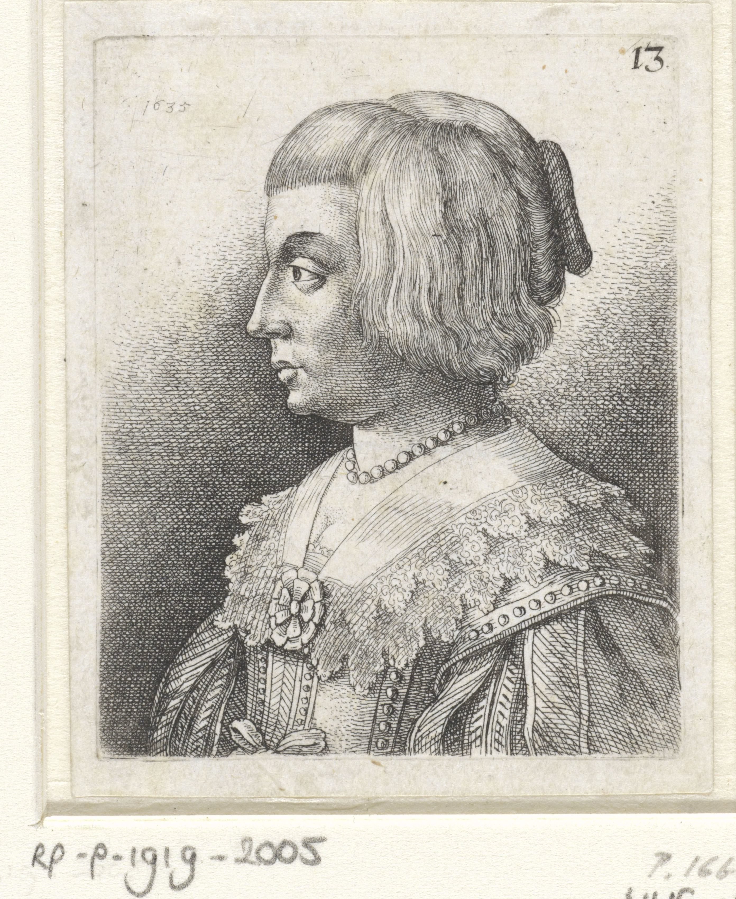 Portret van een jonge vrouw met kraag en rozet