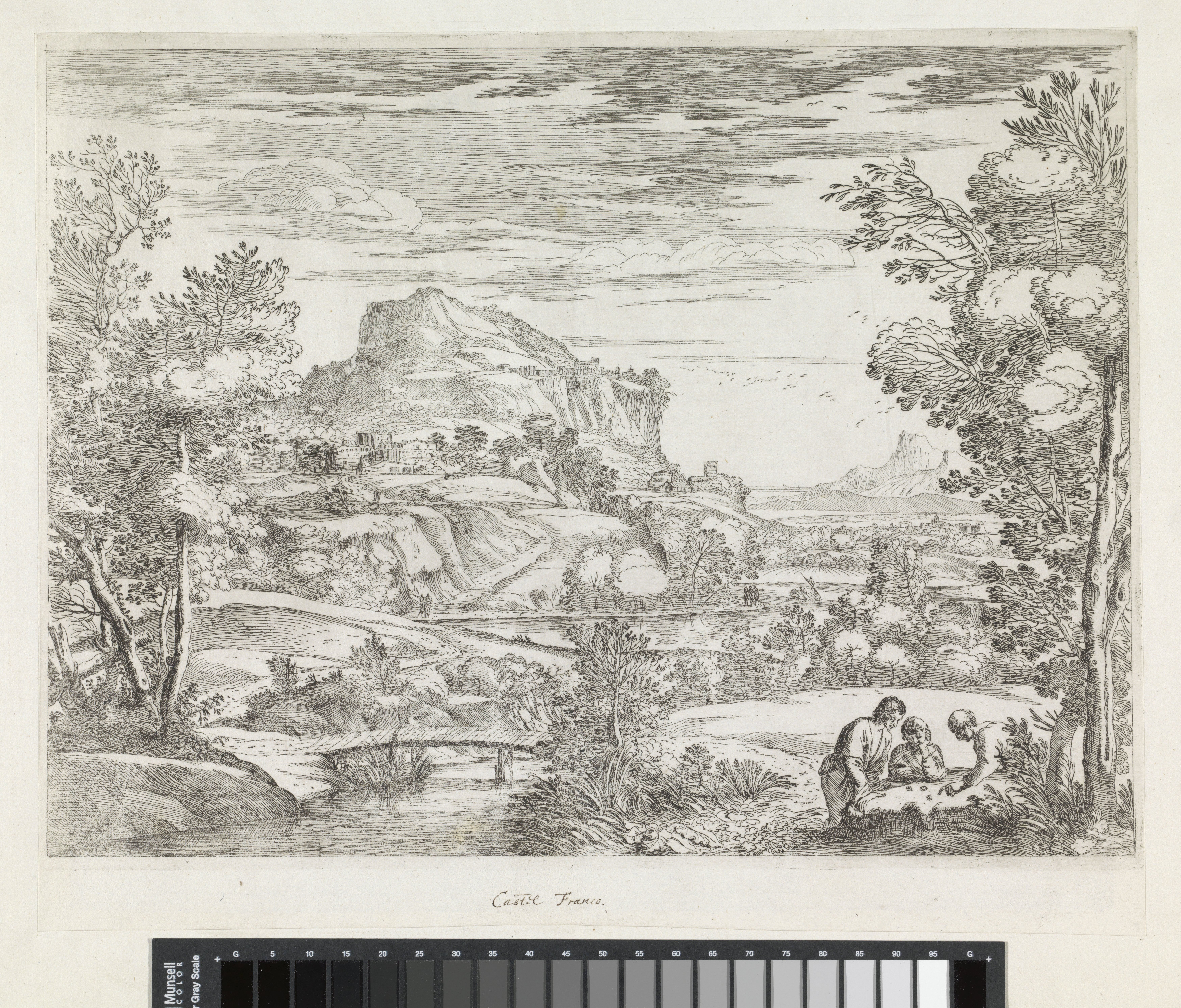 Landschap met drie dobbelende mannen