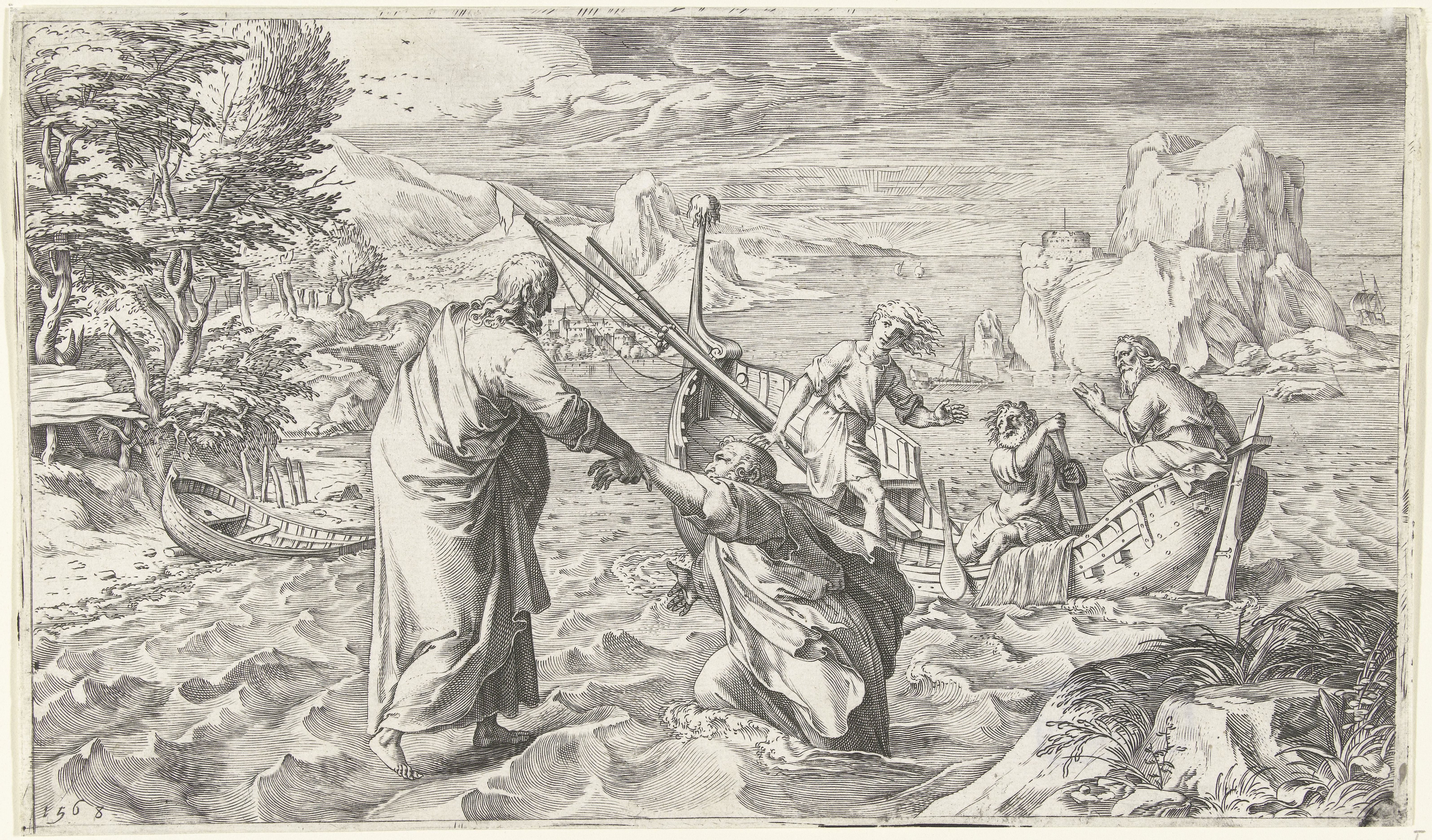 Christus loopt over het water en redt Petrus