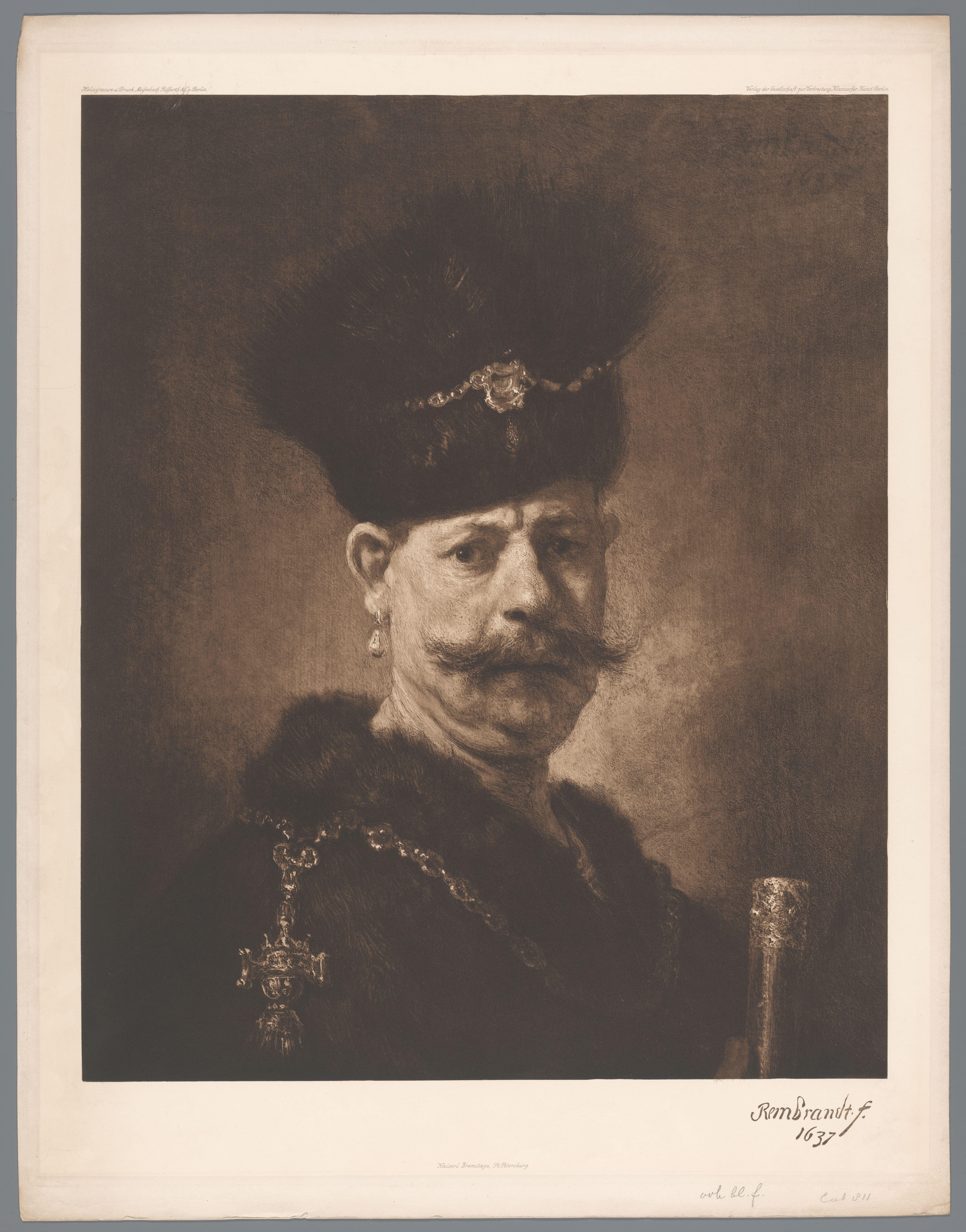 Fotoreproductie van schilderij Portret van een man door Rembrandt [?], coll. Heremitage te St. Petersburg
