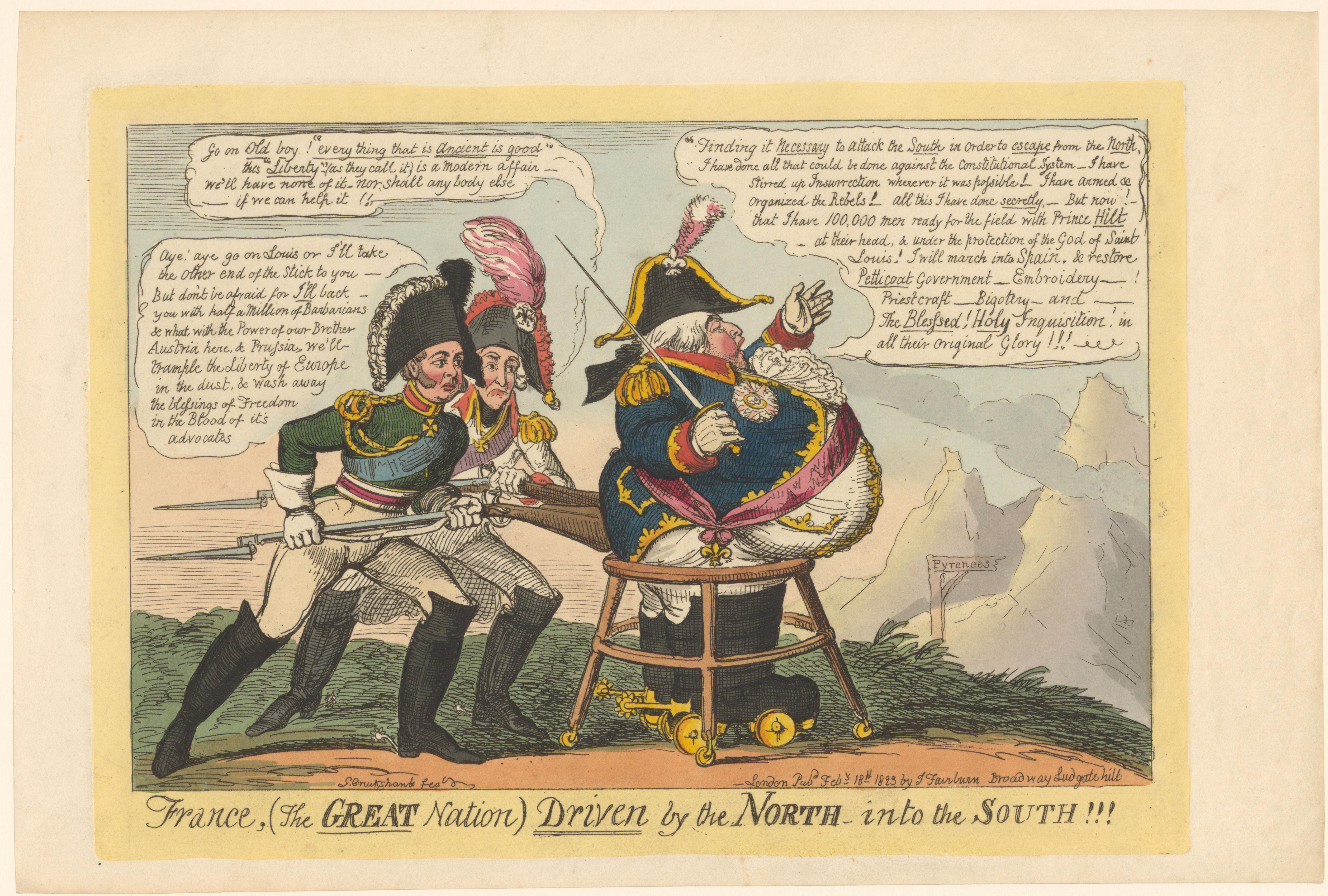 Lodewijk XVIII wordt op rolschaatsen door Alexander I van Rusland en keizer Frans II richting de Pyreneeën geduwd