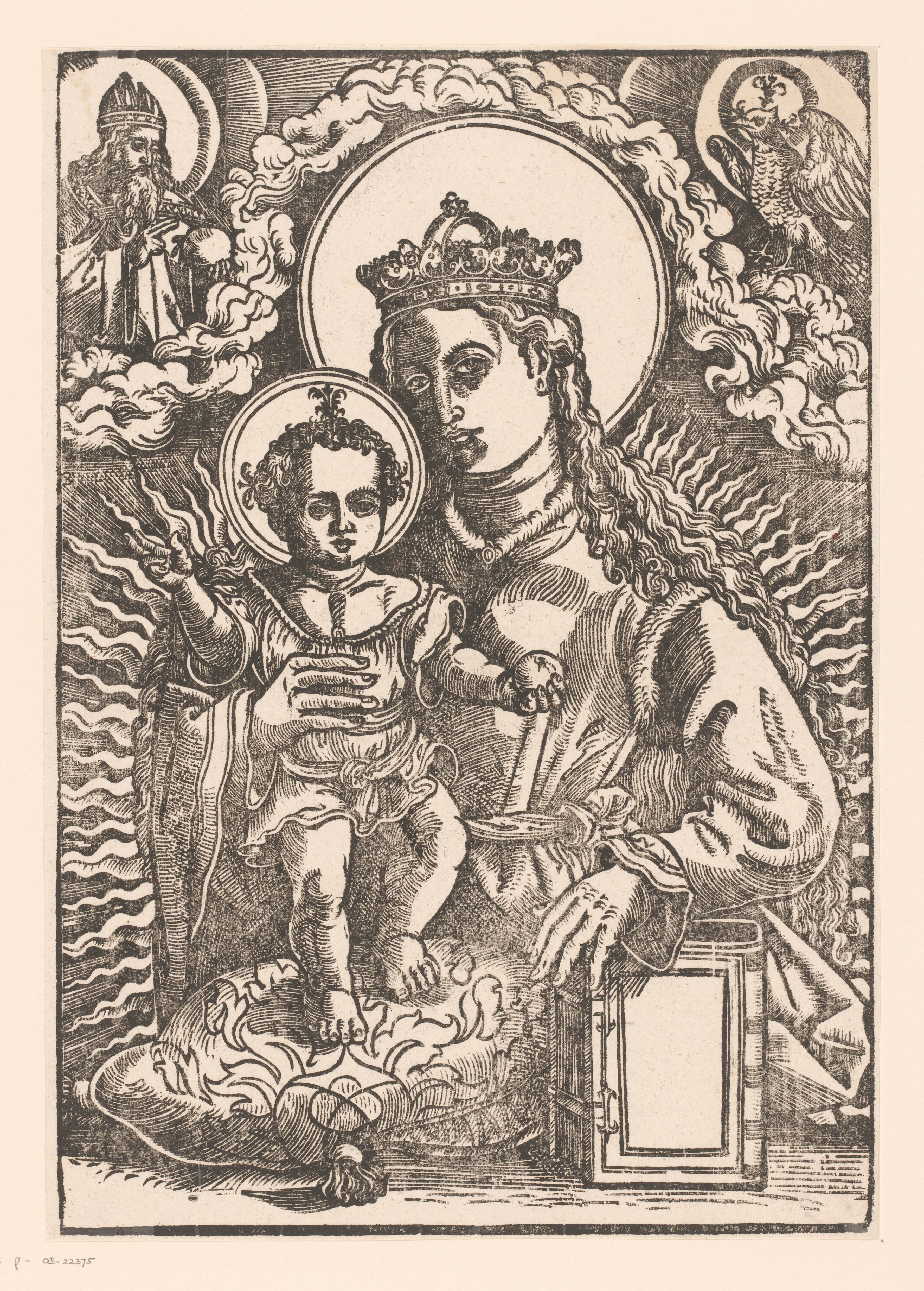 Maria met kind en boek, boven God en de Heilige Geest