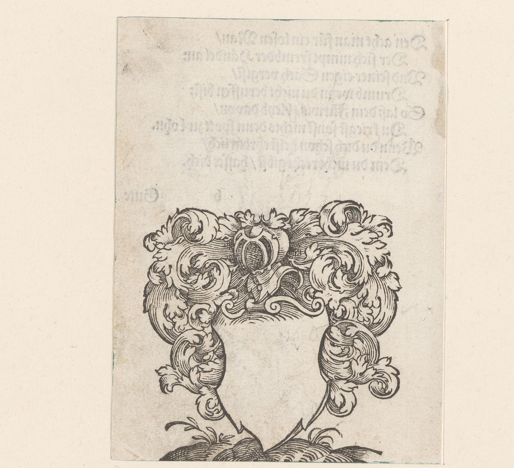 Leeg wapenschild met luitspeler als schildhouder