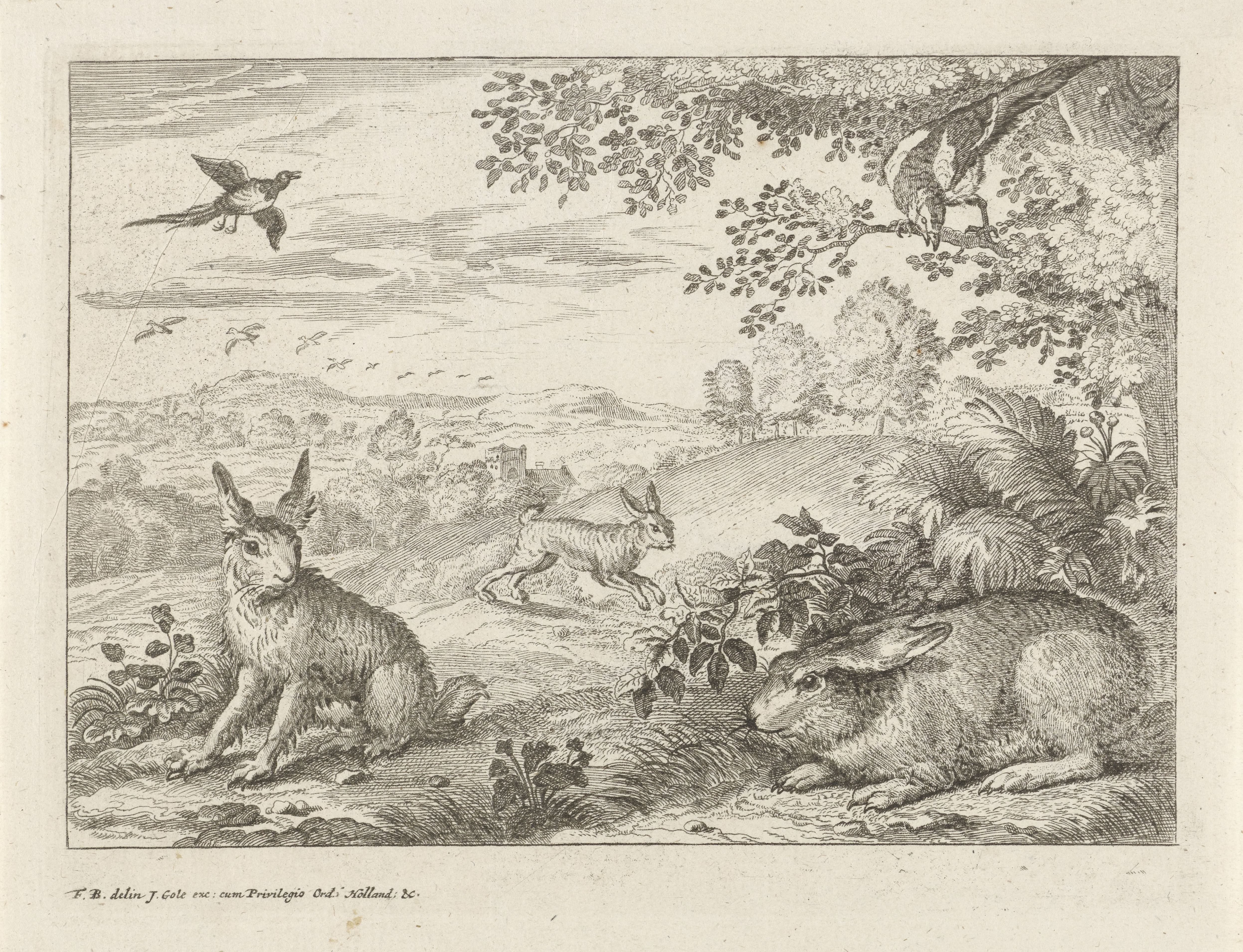 Drie hazen en twee eksters in een landschap