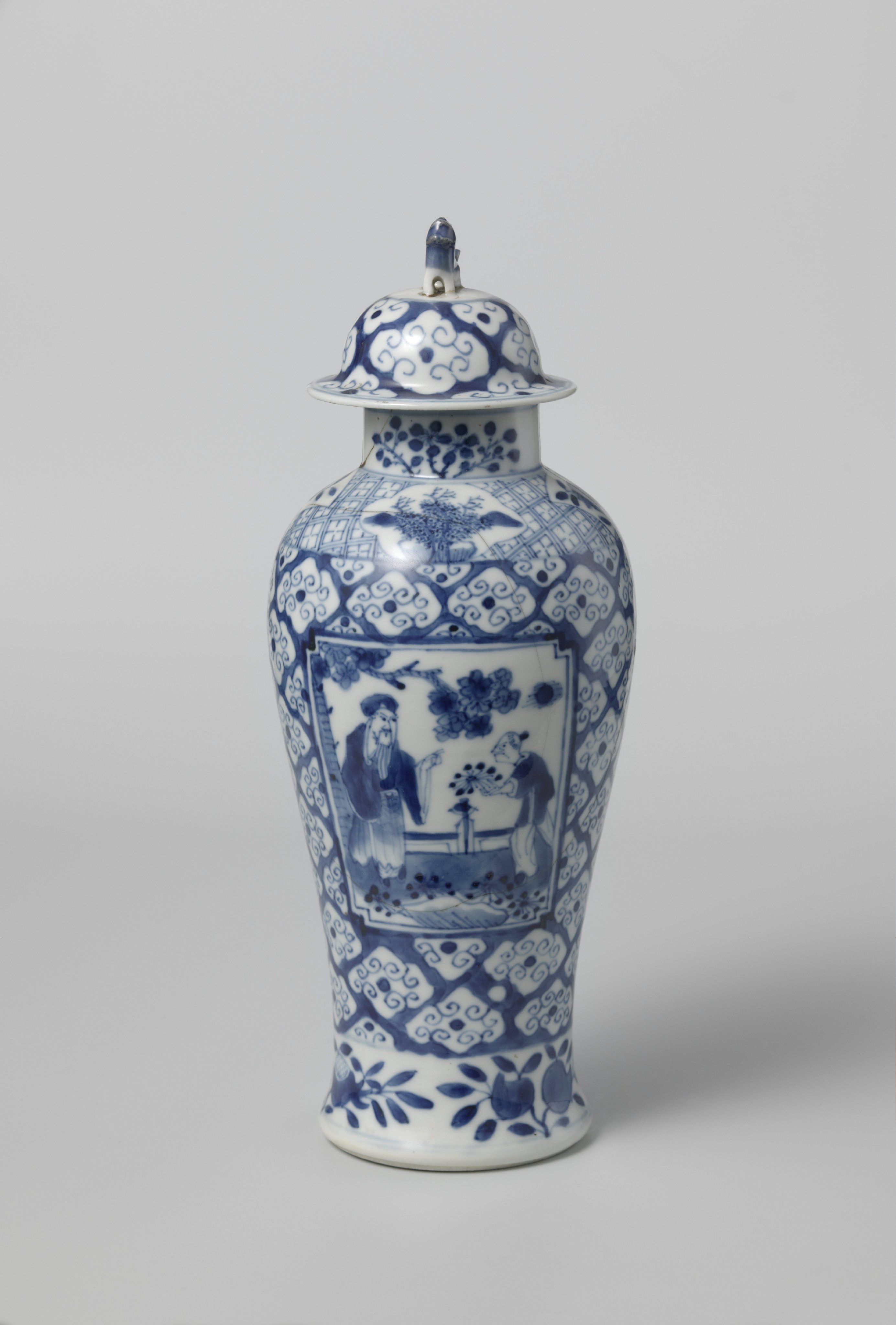 Baluster covered jar with figures in panels