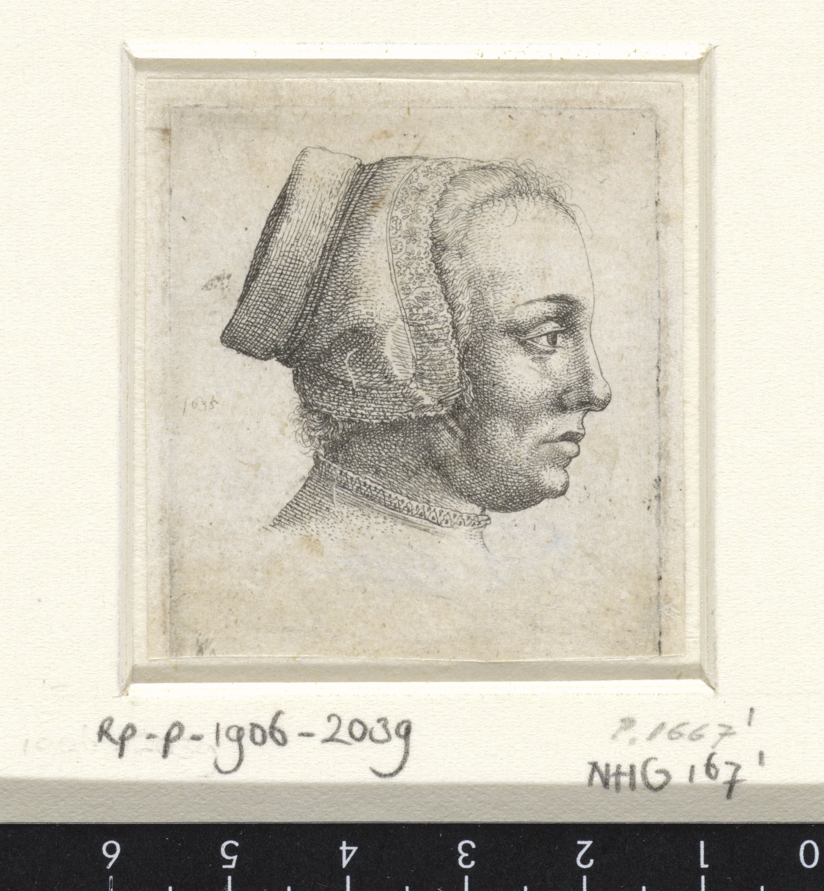 Portret van een vrouw met mutsje, en profil