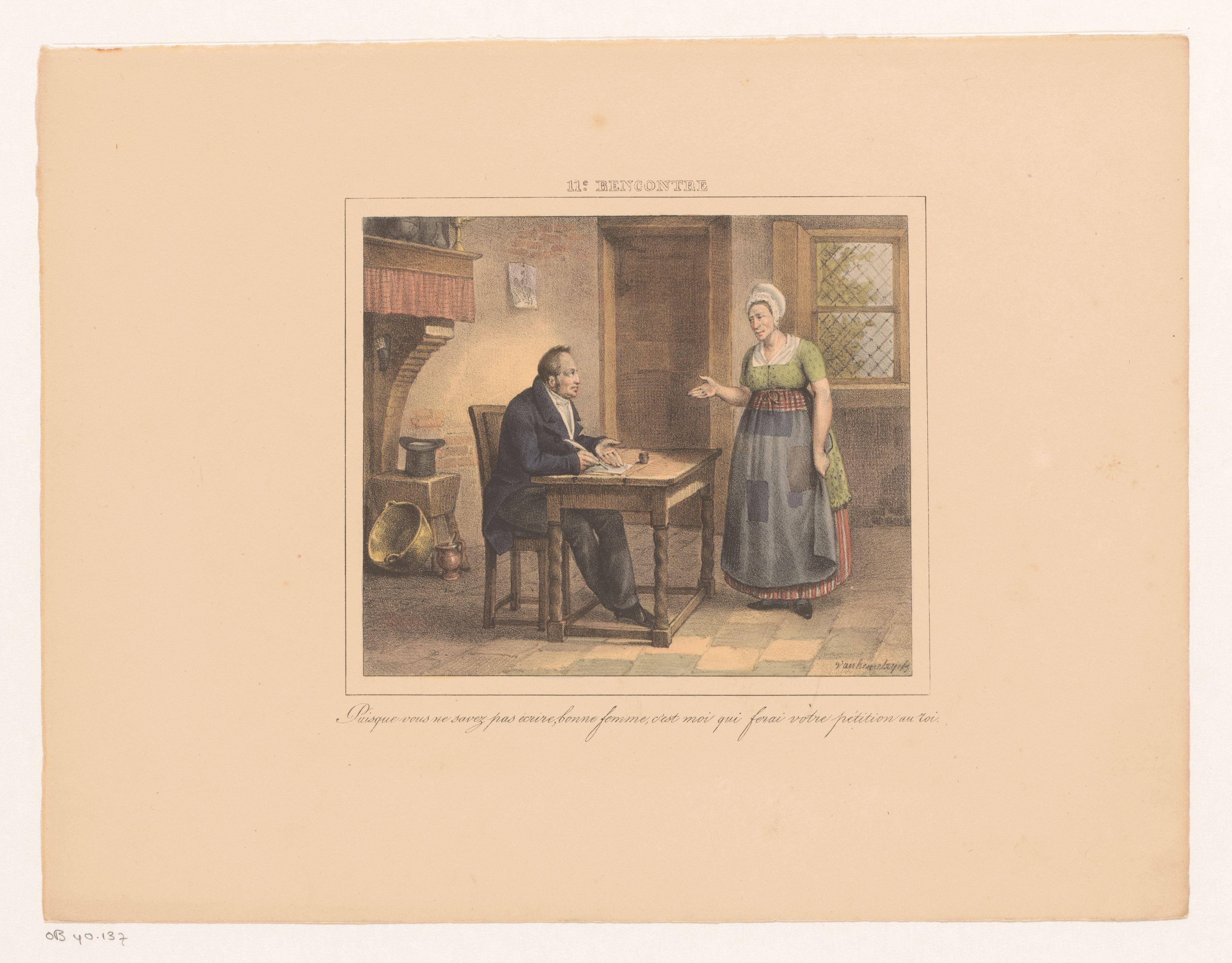 Koning Willem I schrijft een request voor een vrouw, 1829