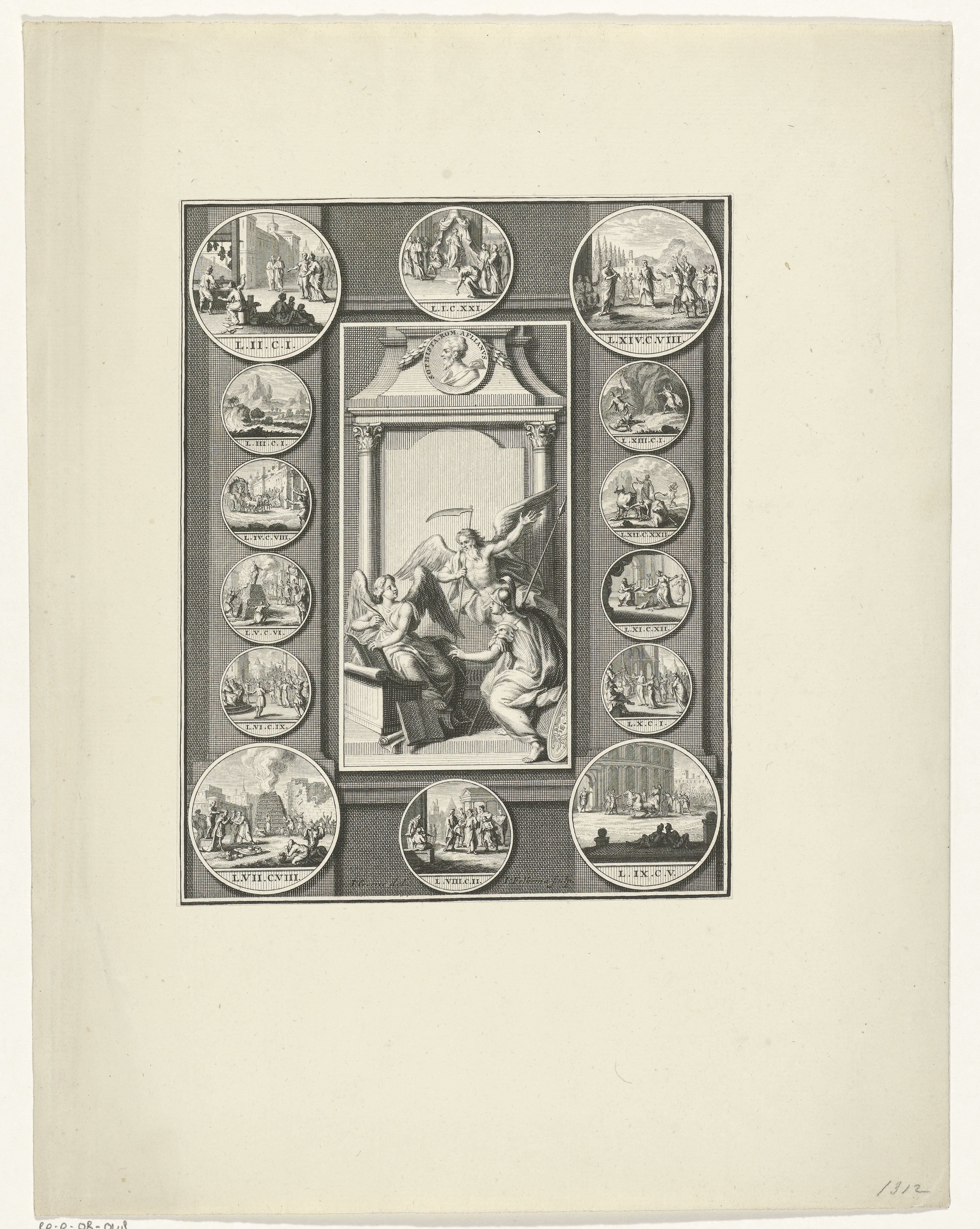 Allegorische figuren omringd door veertien medailles