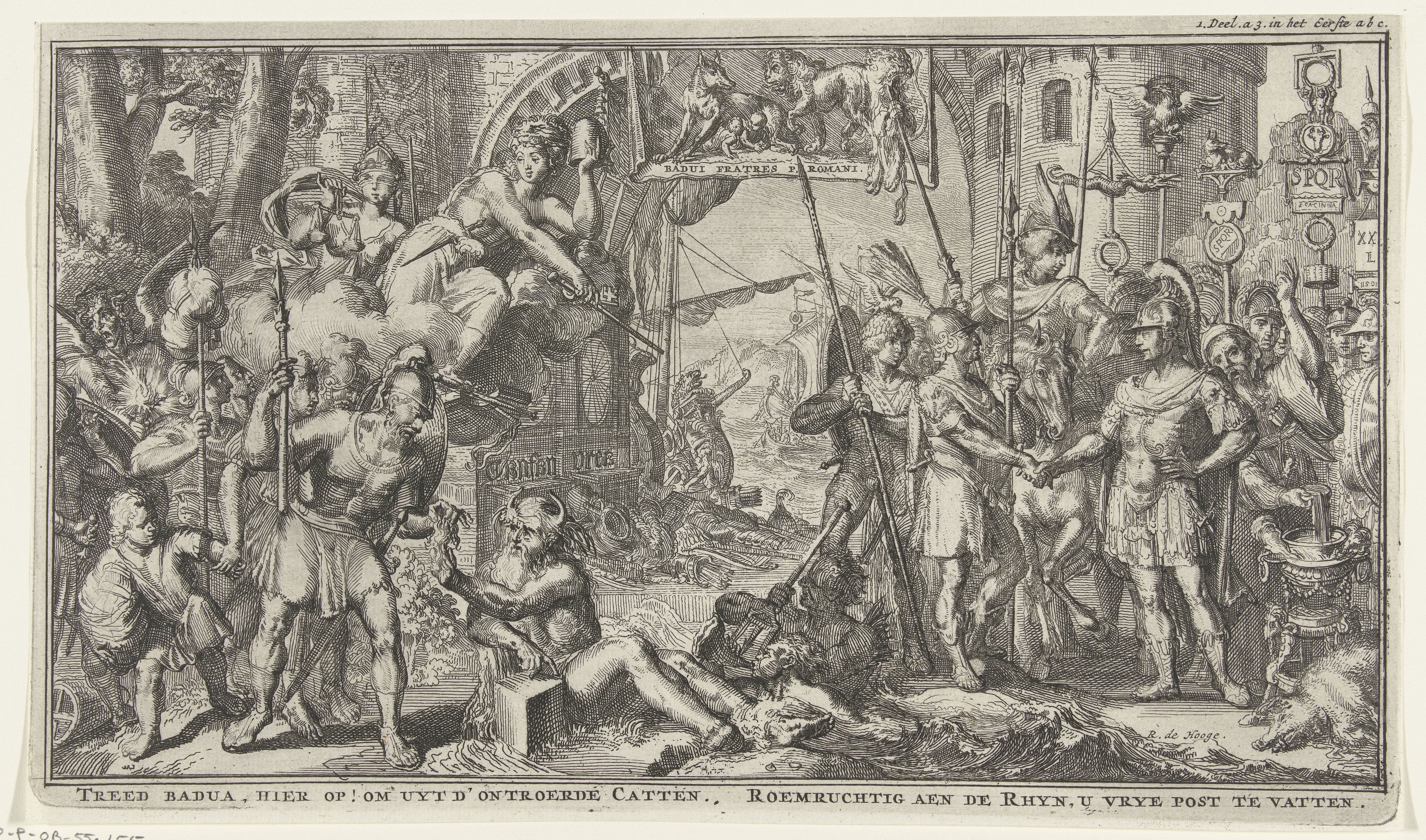 Allegorie rond de vestiging van de Bataven in Nederland en vrede met de Romeinen