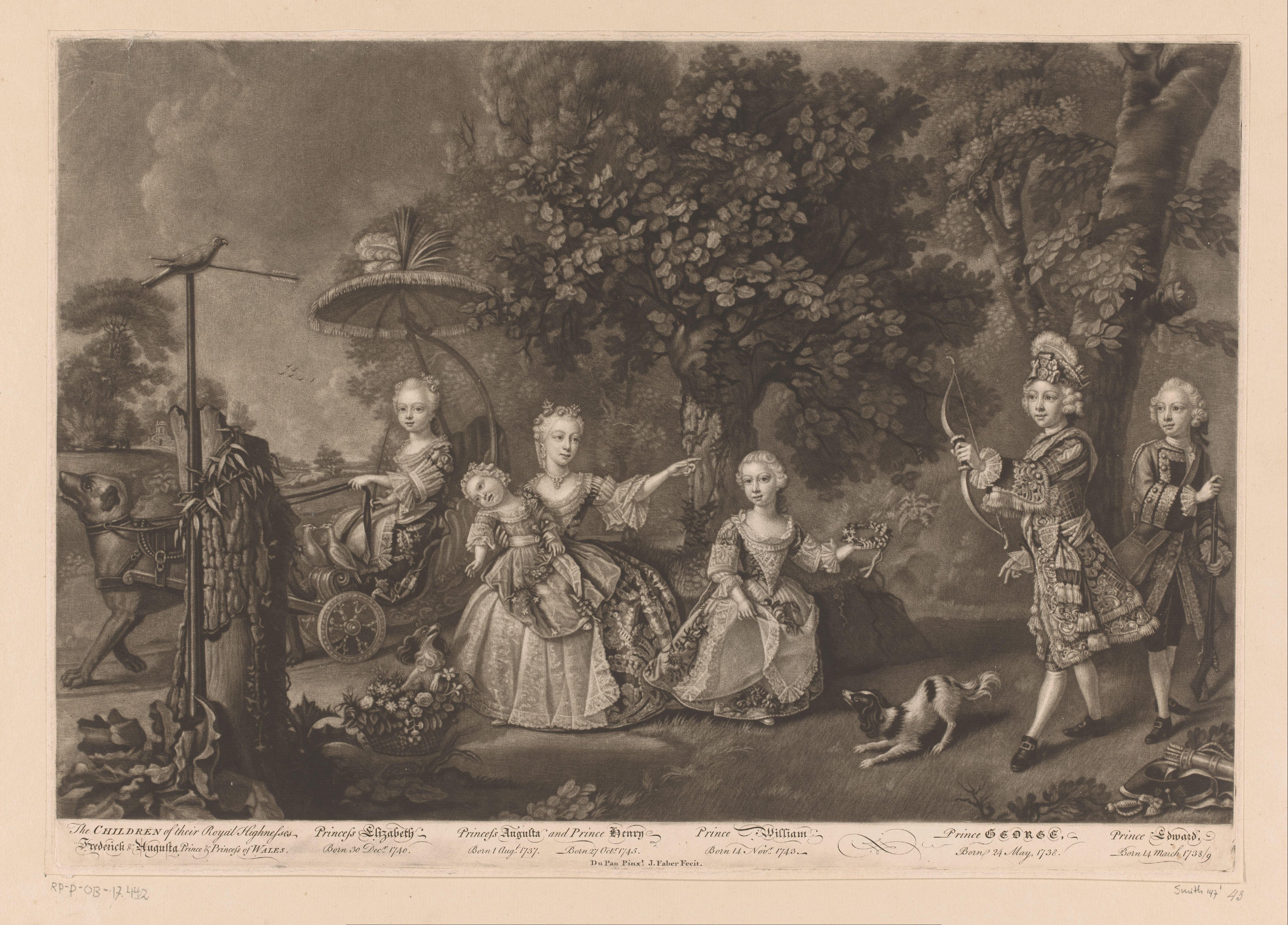 Portret van Elisabeth Carolina, prinses van Wales, Augusta Frederika van Hannover, Hendrik Frederik, hertog van Cumberland en Strathearn, Willem Frederik van Gloucester, George III, koning van Engeland, en Eduard van York