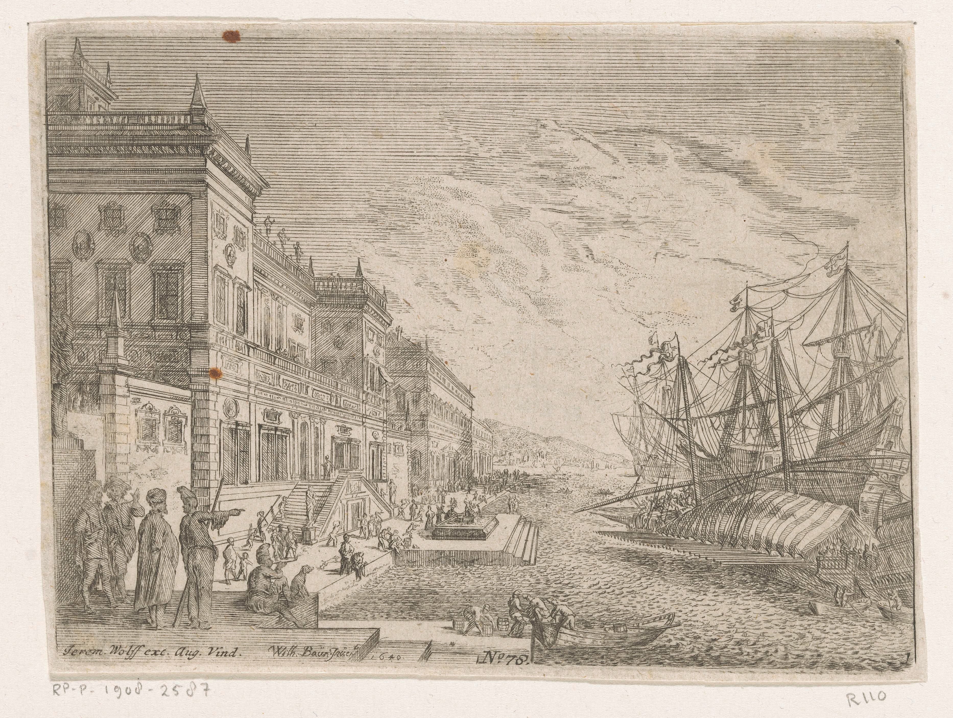 Havengezicht met schepen en een galei voor een paleis