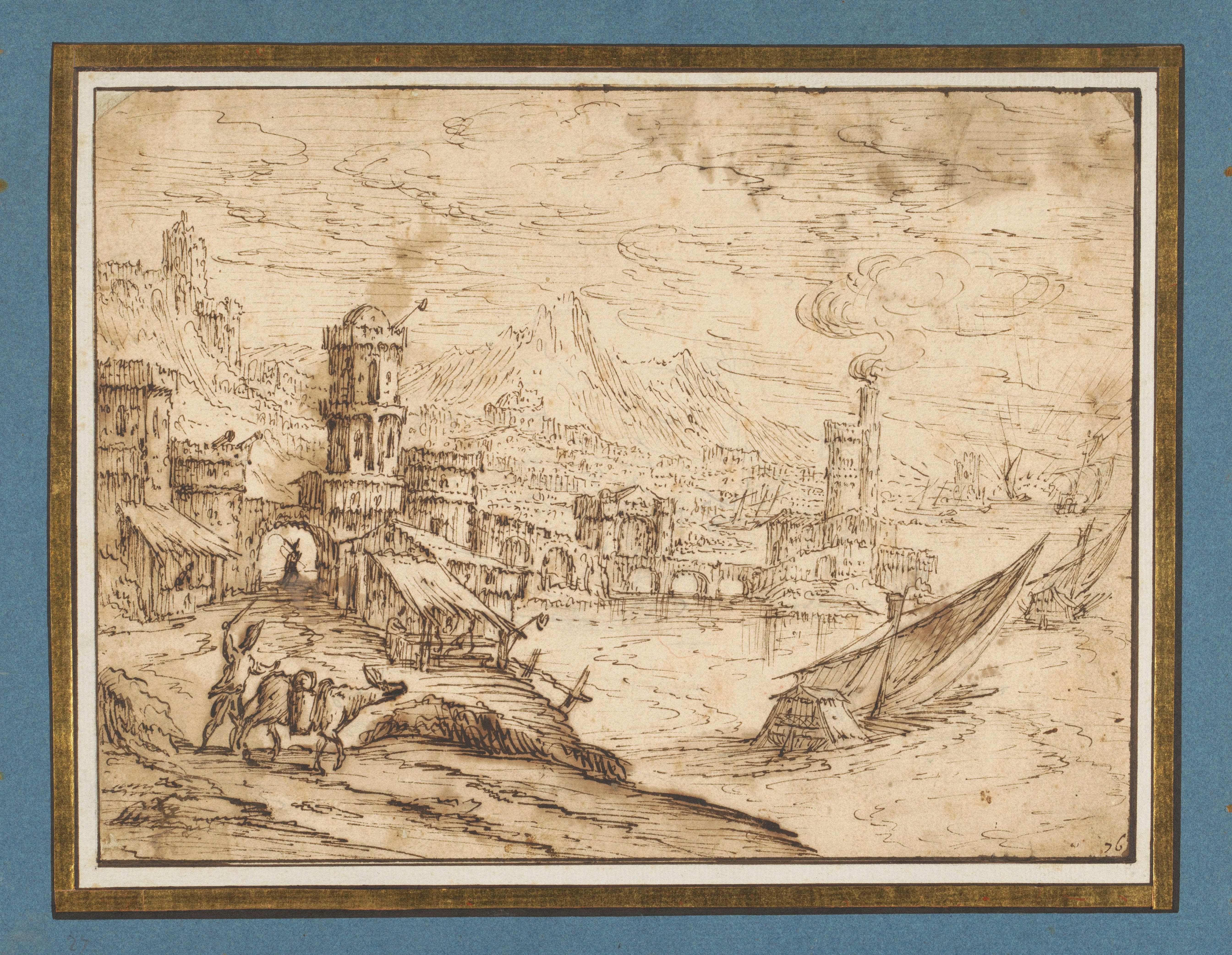 Stad aan een baai; rechts uitvarende galeien