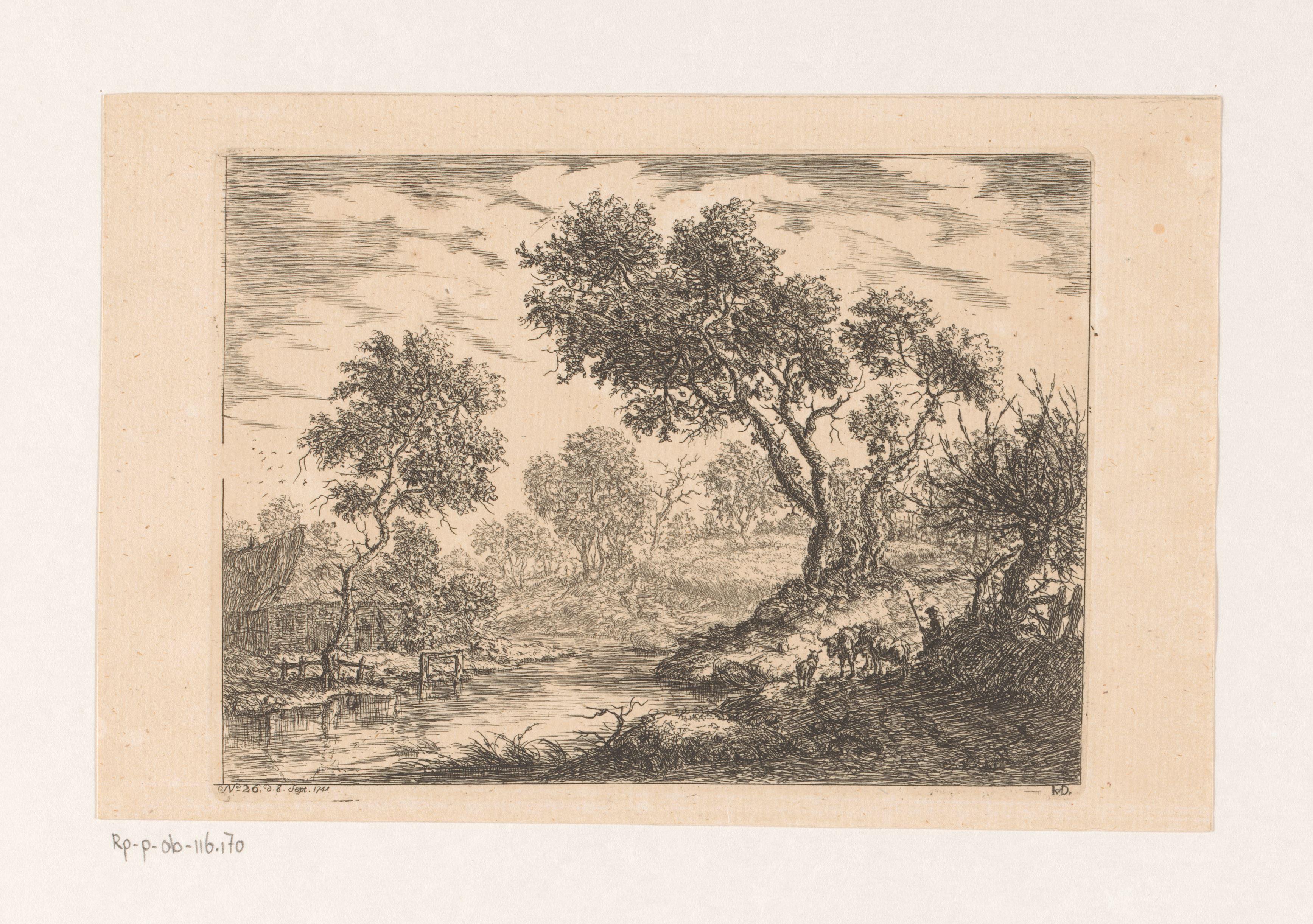 Landschap met boerderij aan het water