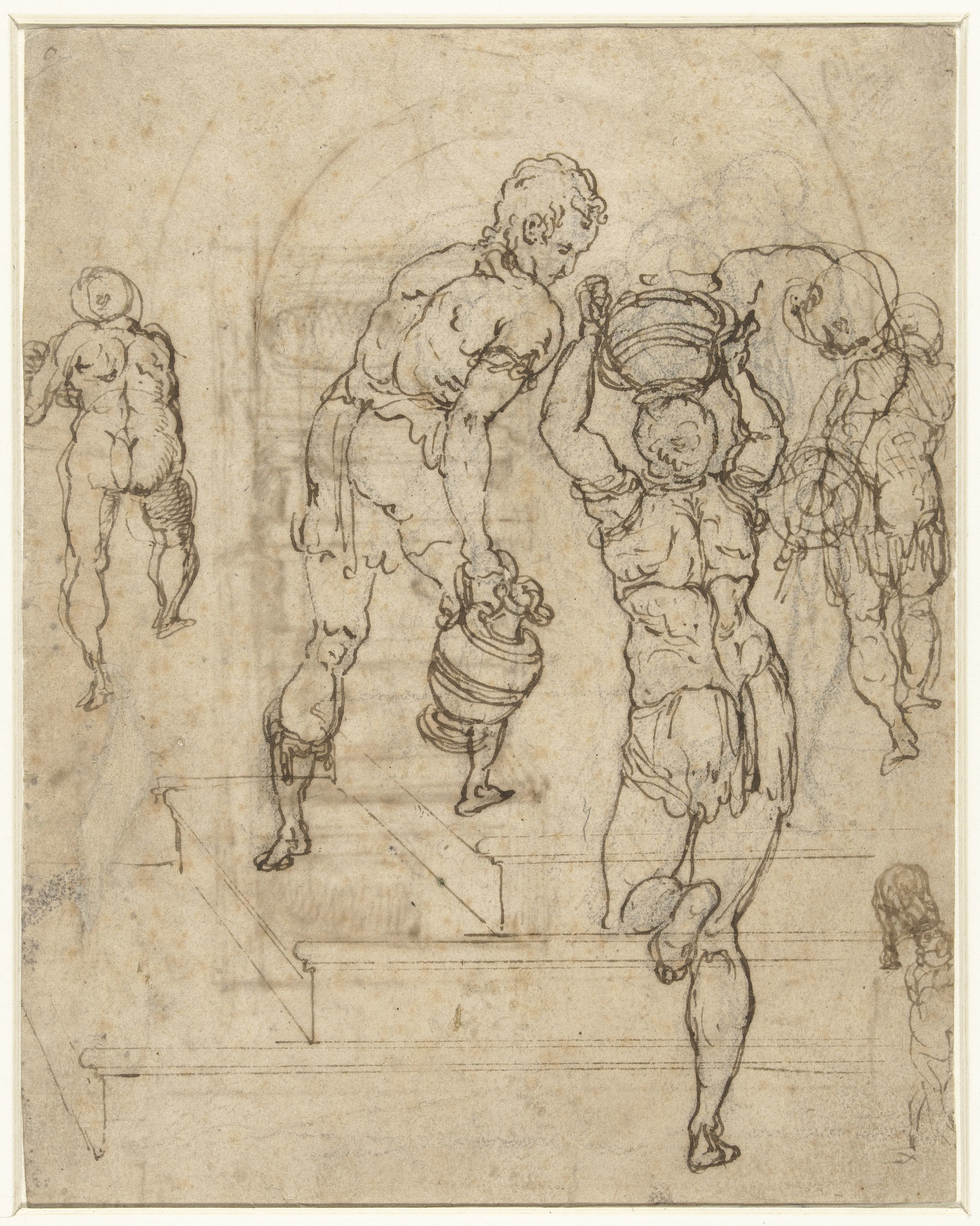 Studieblad met waterdragende figuren die een trap opklimmen