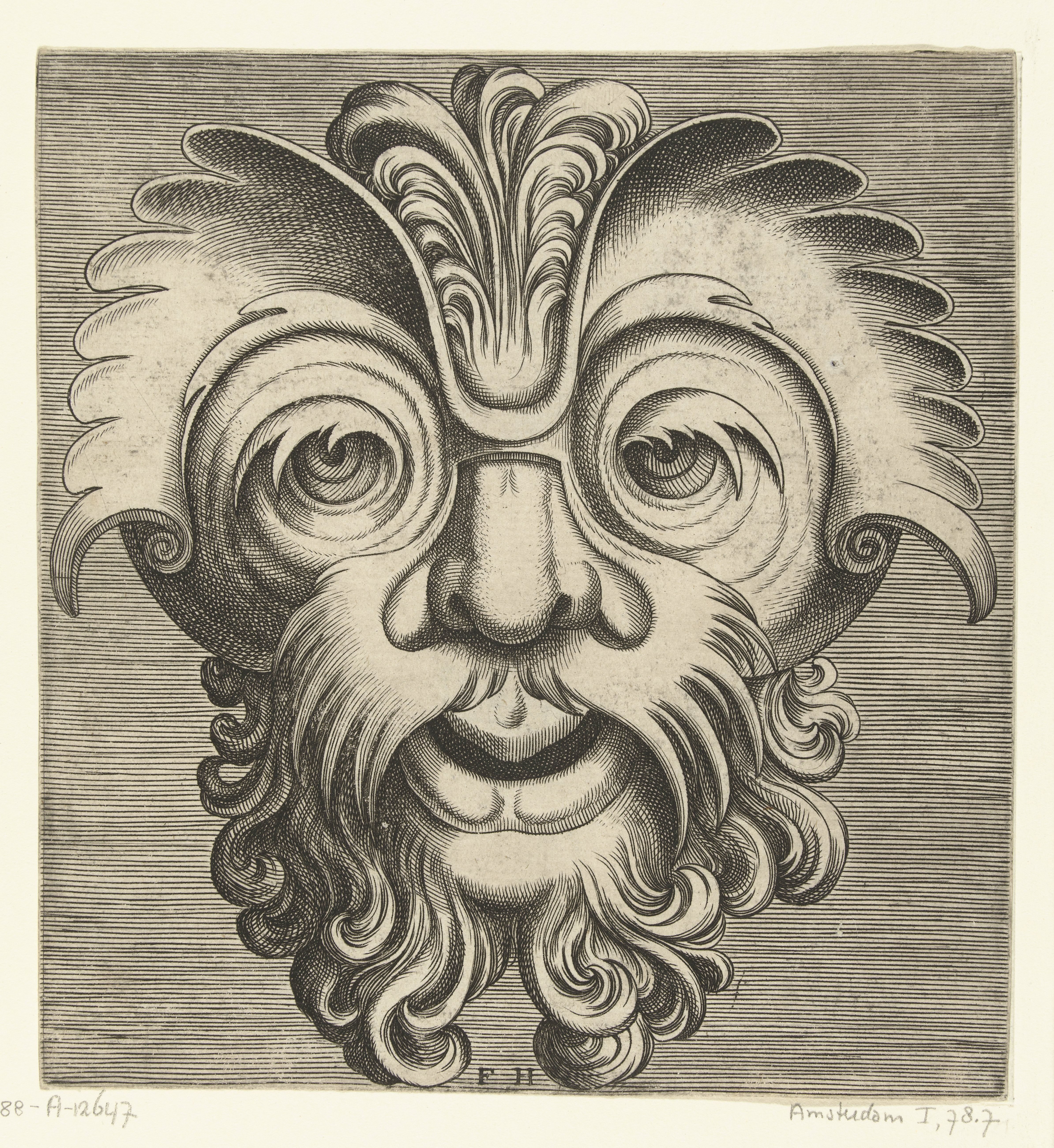 Masker met baard en snor met krullen, een toef krullen rust op de neuswortel