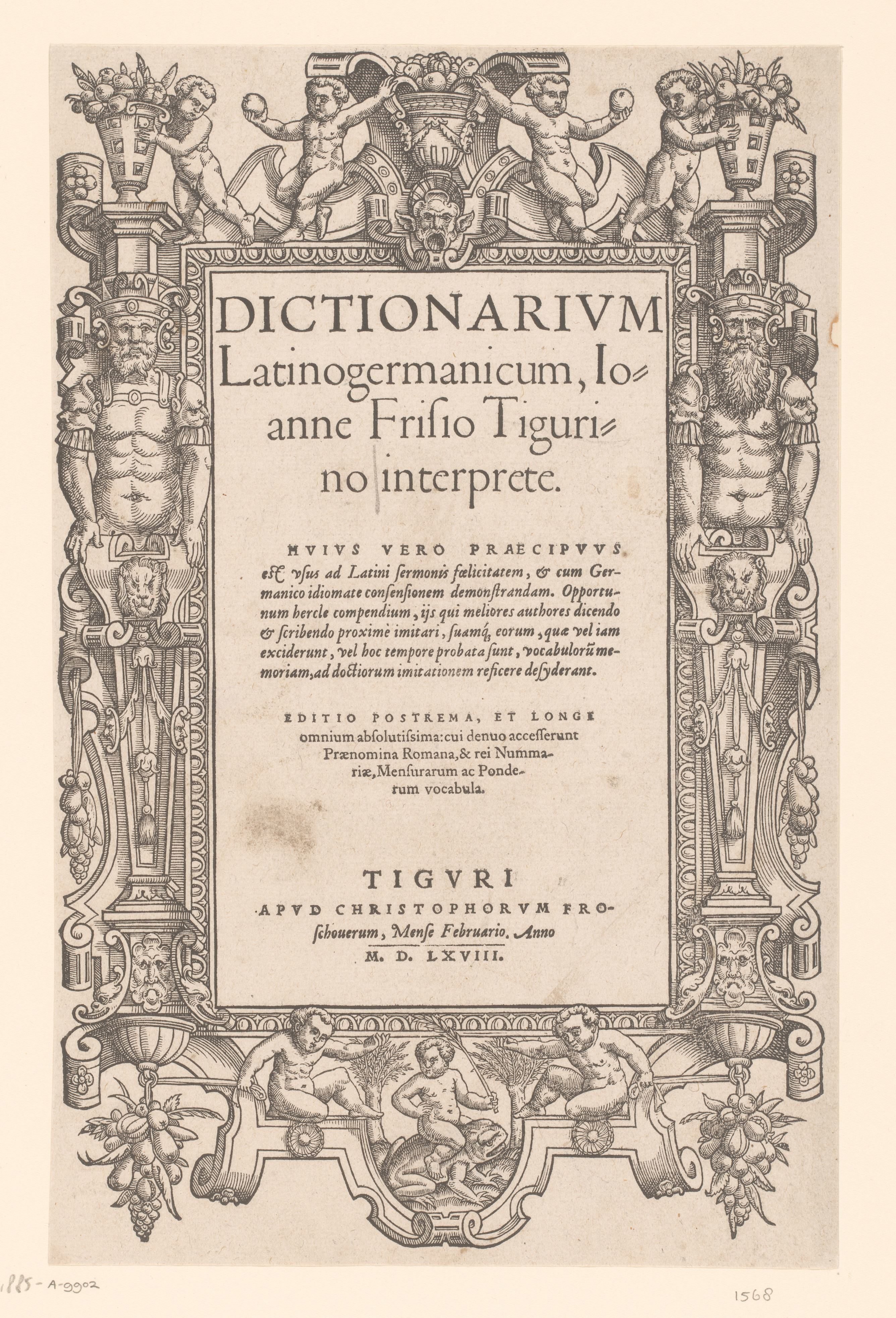 Titelpagina voor: Johannes Frisius, Dictionarium Latinogermanicum, Ioanne Frisio Tigurino interprete, 1568