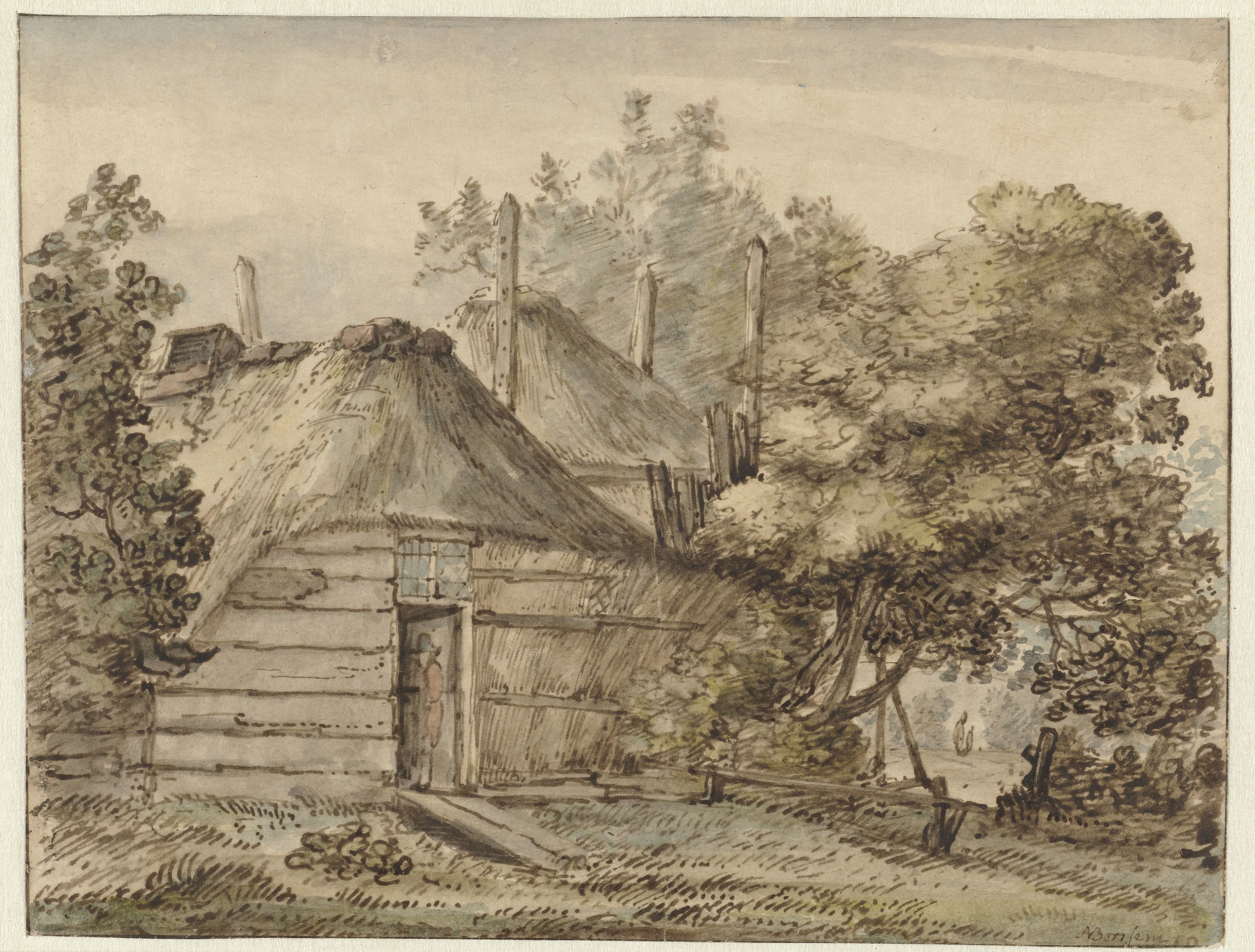 Boerderij en een hooiberg tussen bomen