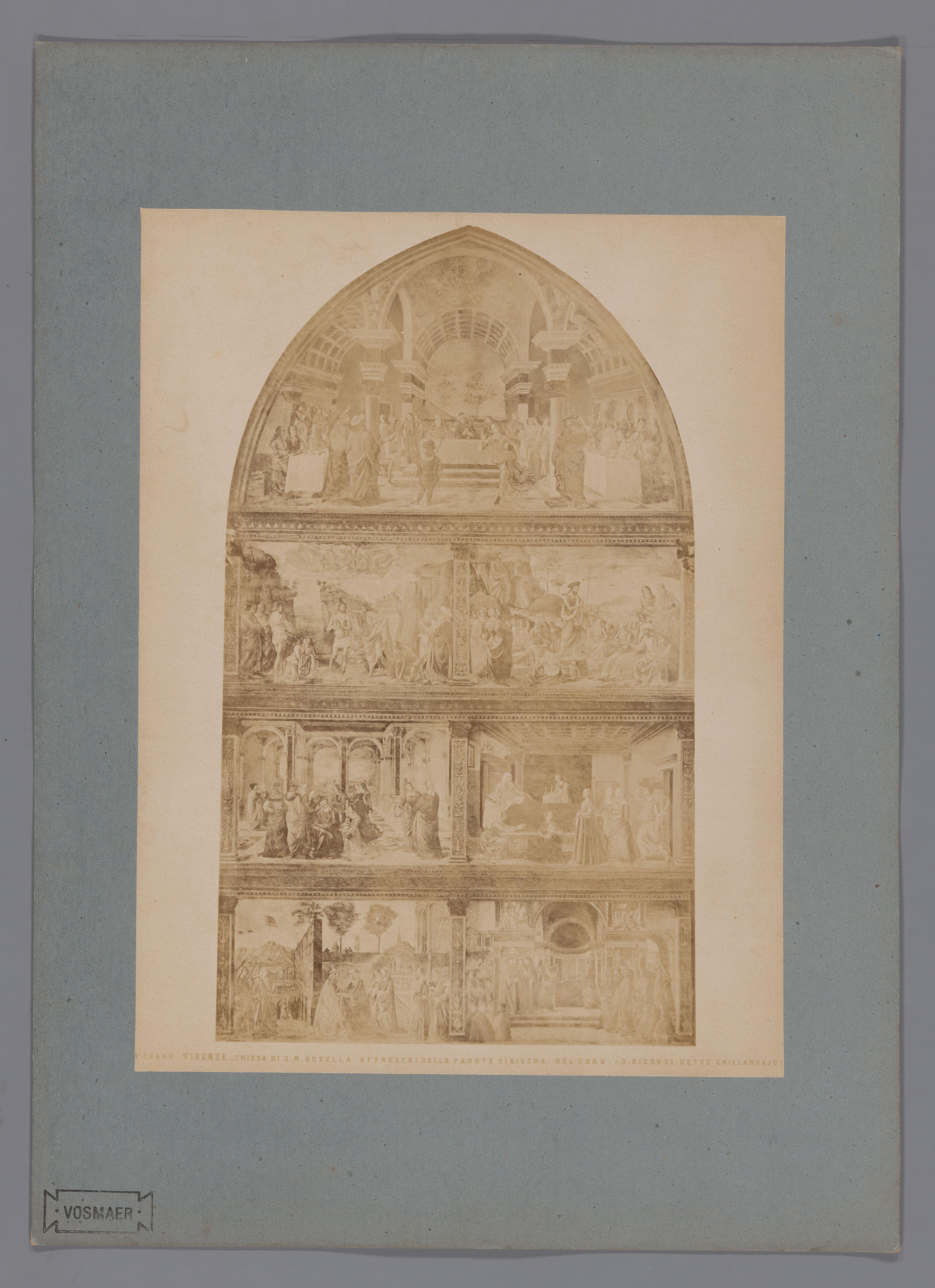 Fotoreproductie van fresco met scènes uit de levens van Johannes de Doper en Maria naar Domenico Ghirlandaio in de Santa Maria Novella te Florence, Italië