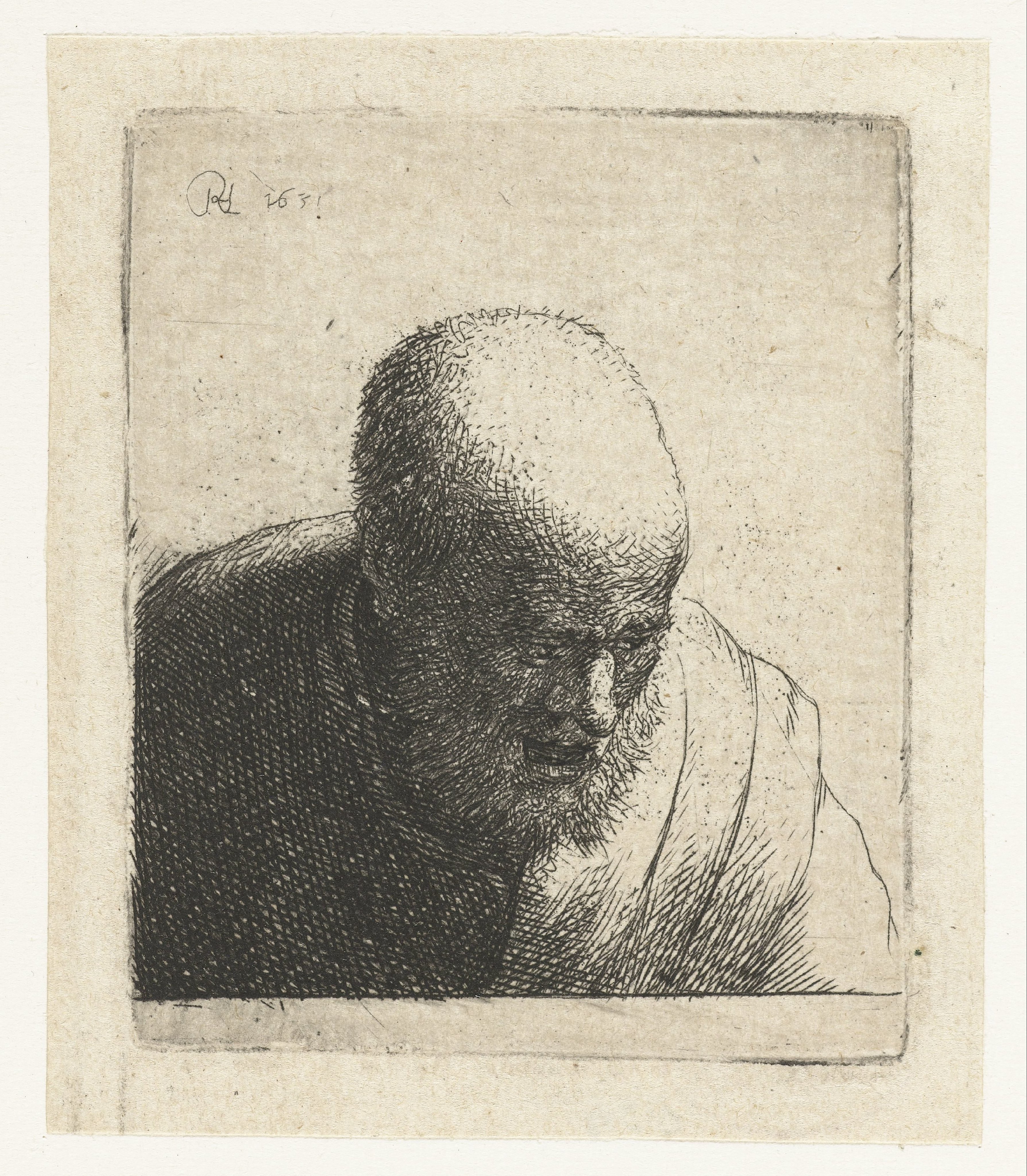 Bald man with open mouth, looking down: bust
