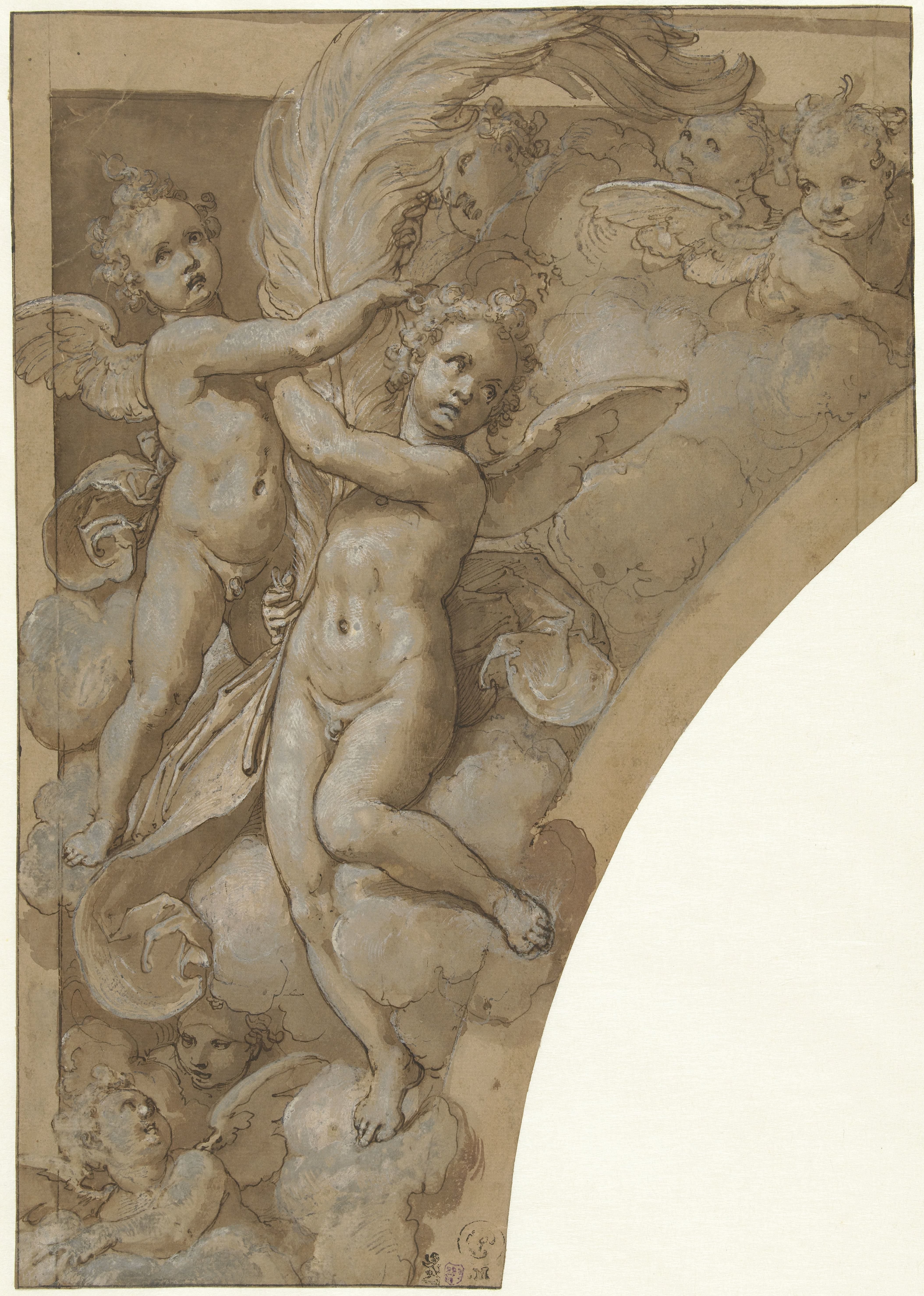Flight of Angels, Two Holding a Large Feather