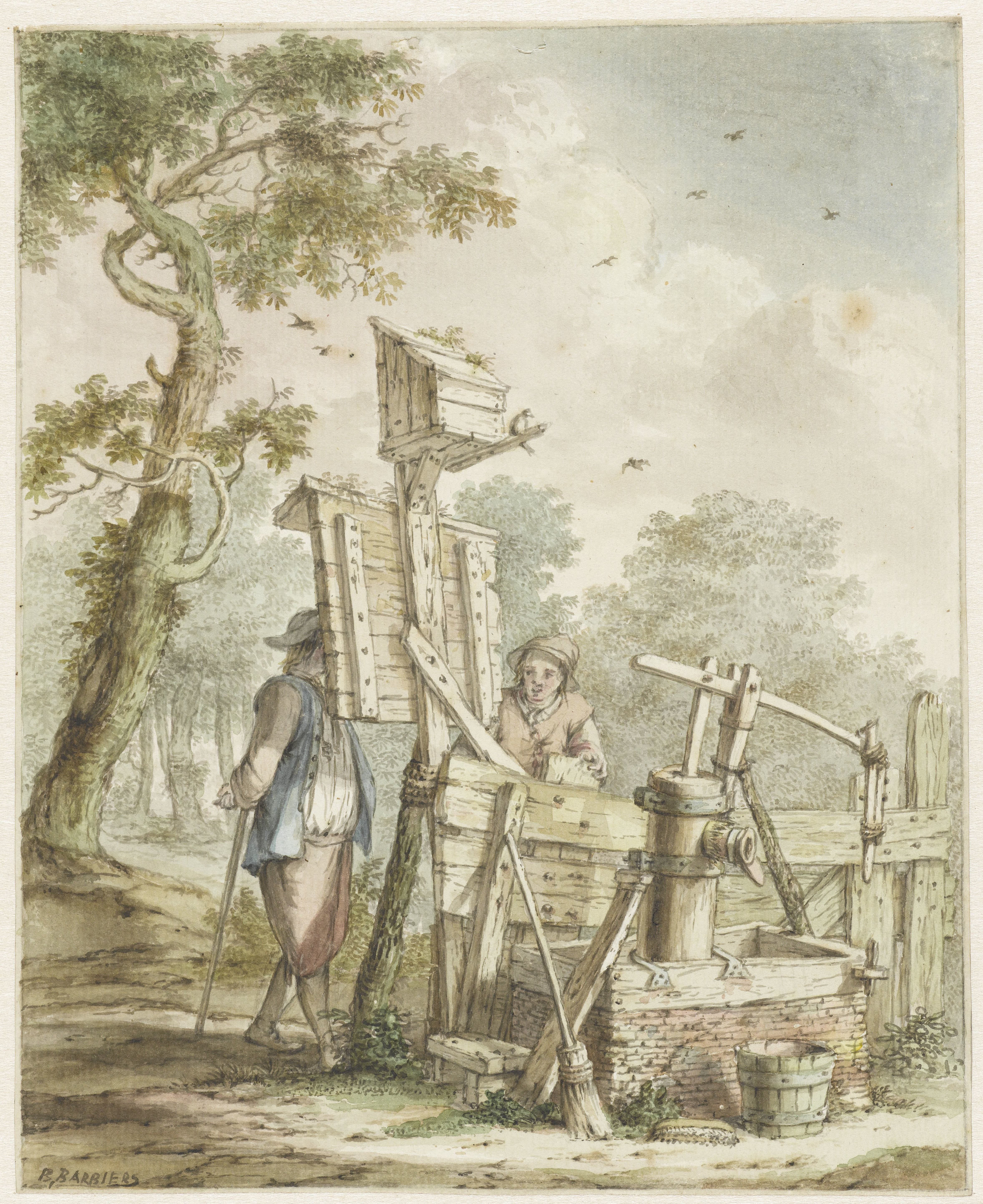Landschap met twee mannen bij een aanplakbord bij een waterpomp