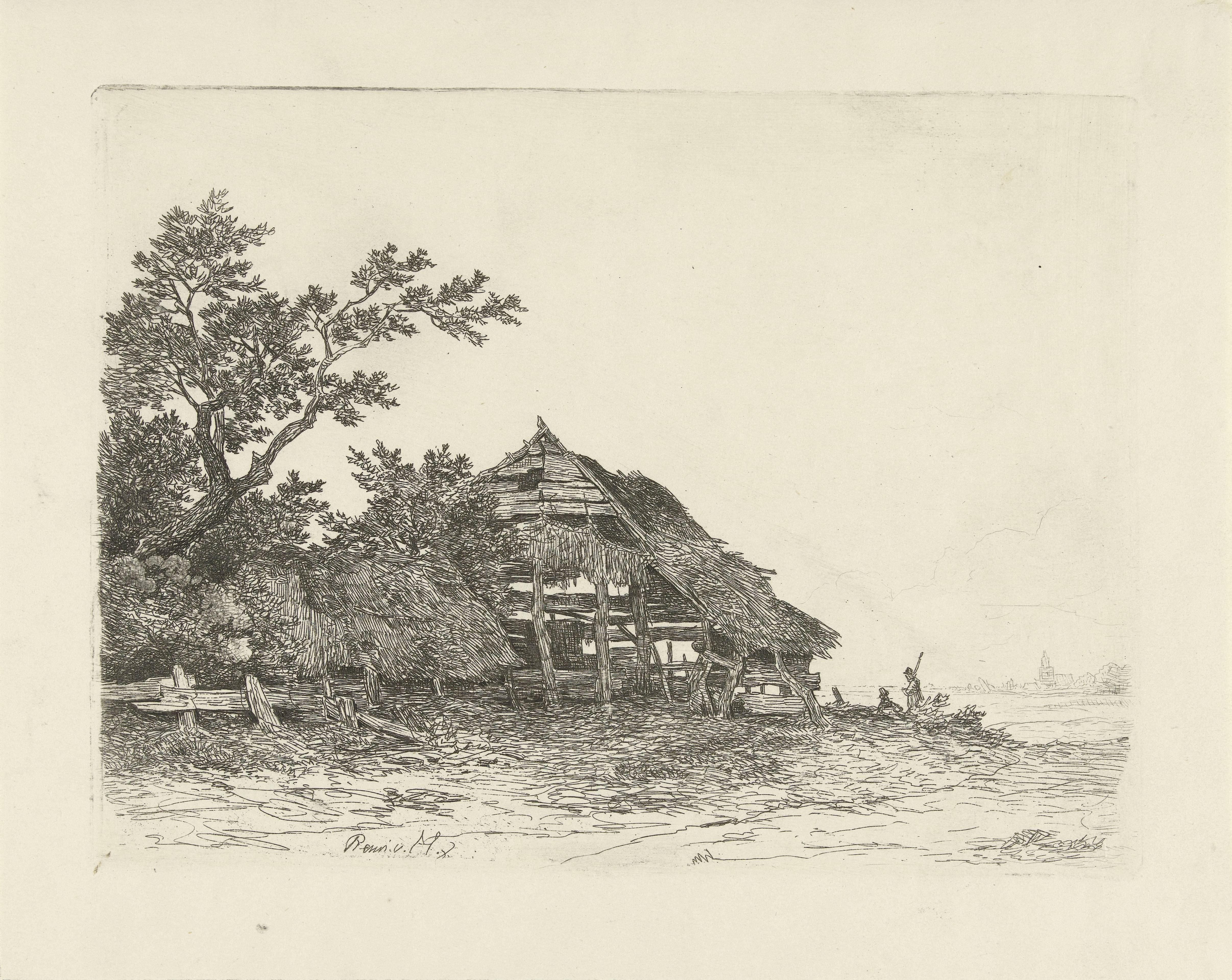 Landschap met een vervallen schuur