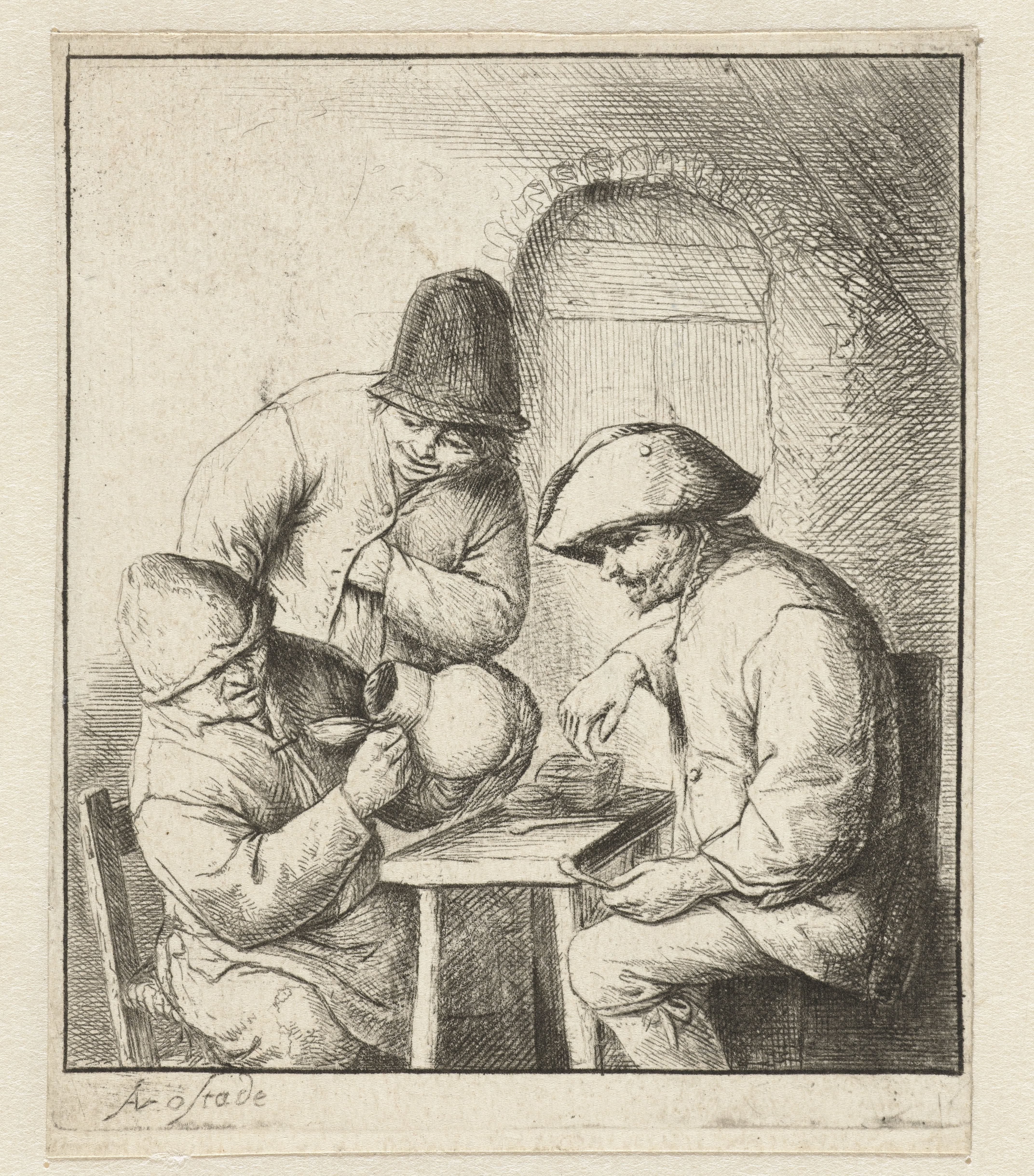 Man kijkt in lege kruik, twee mannen kijken toe