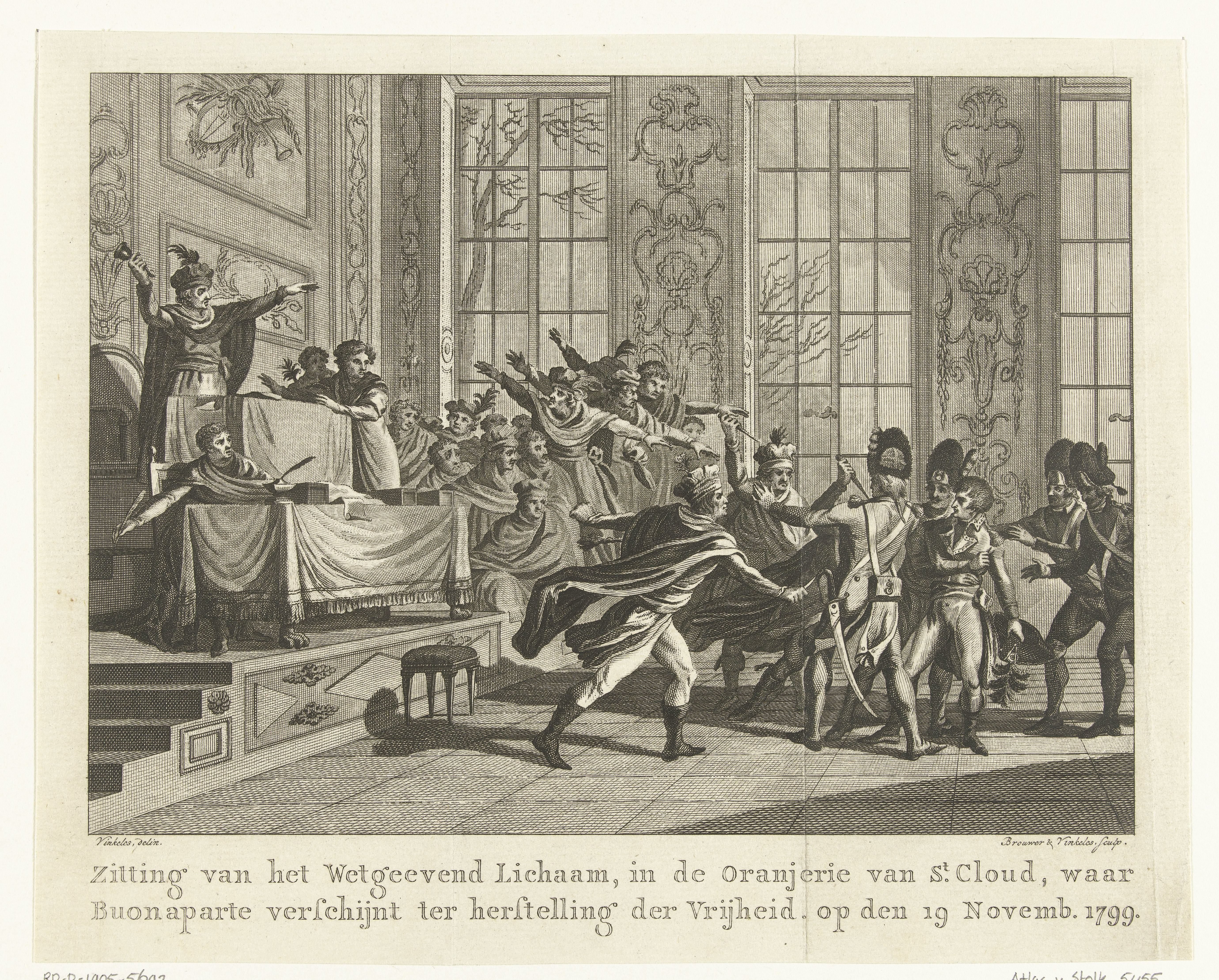 Parlementsleden van de Raad van Vijfhonderd vallen Napoleon aan tijdens zijn staatsgreep op 10 november 1799 in de Orangerie van Versaille