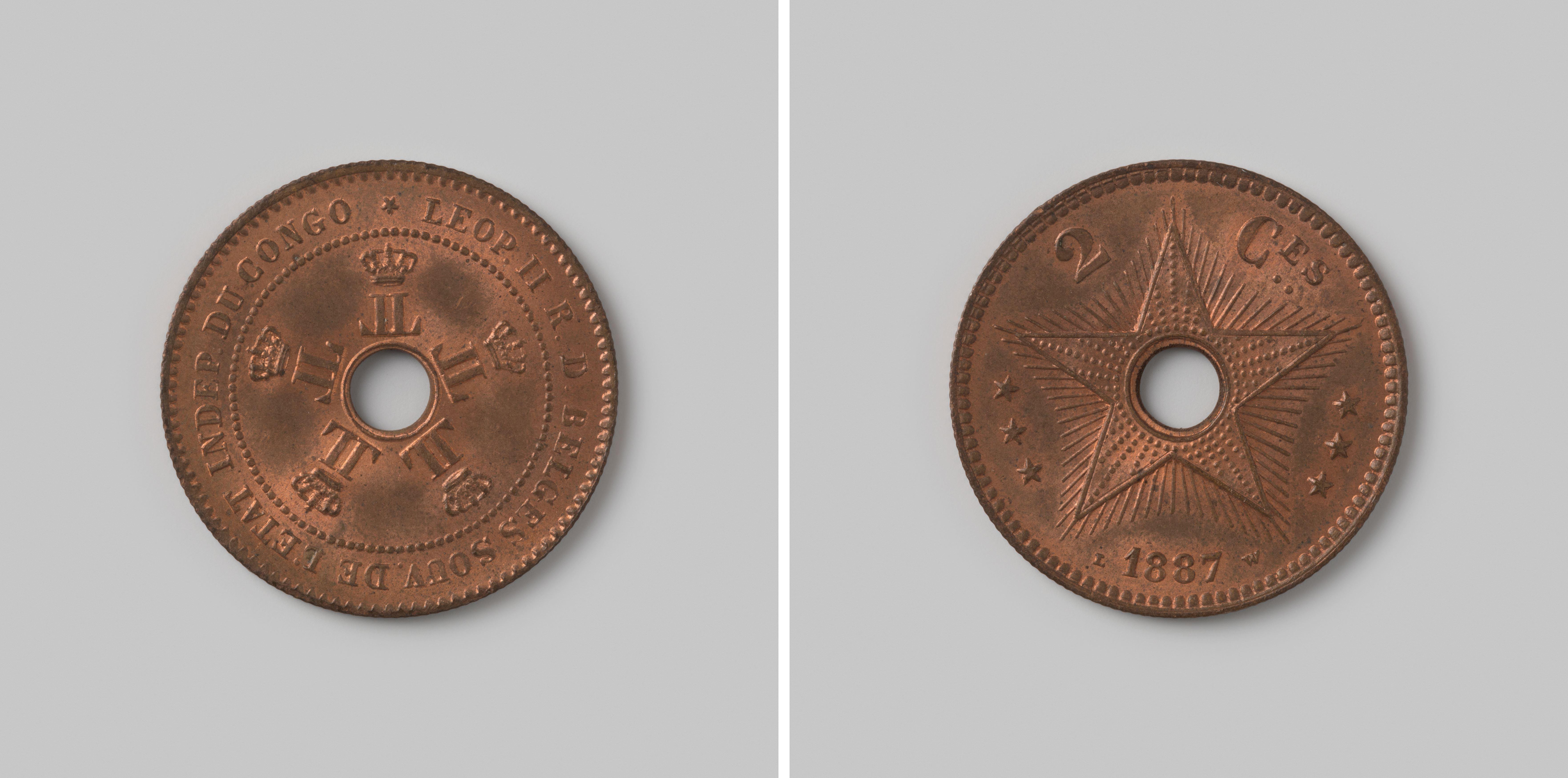 2 centimes uit Congo Vrijstaat met de Belgische koning Leopold II als soeverein, 1887