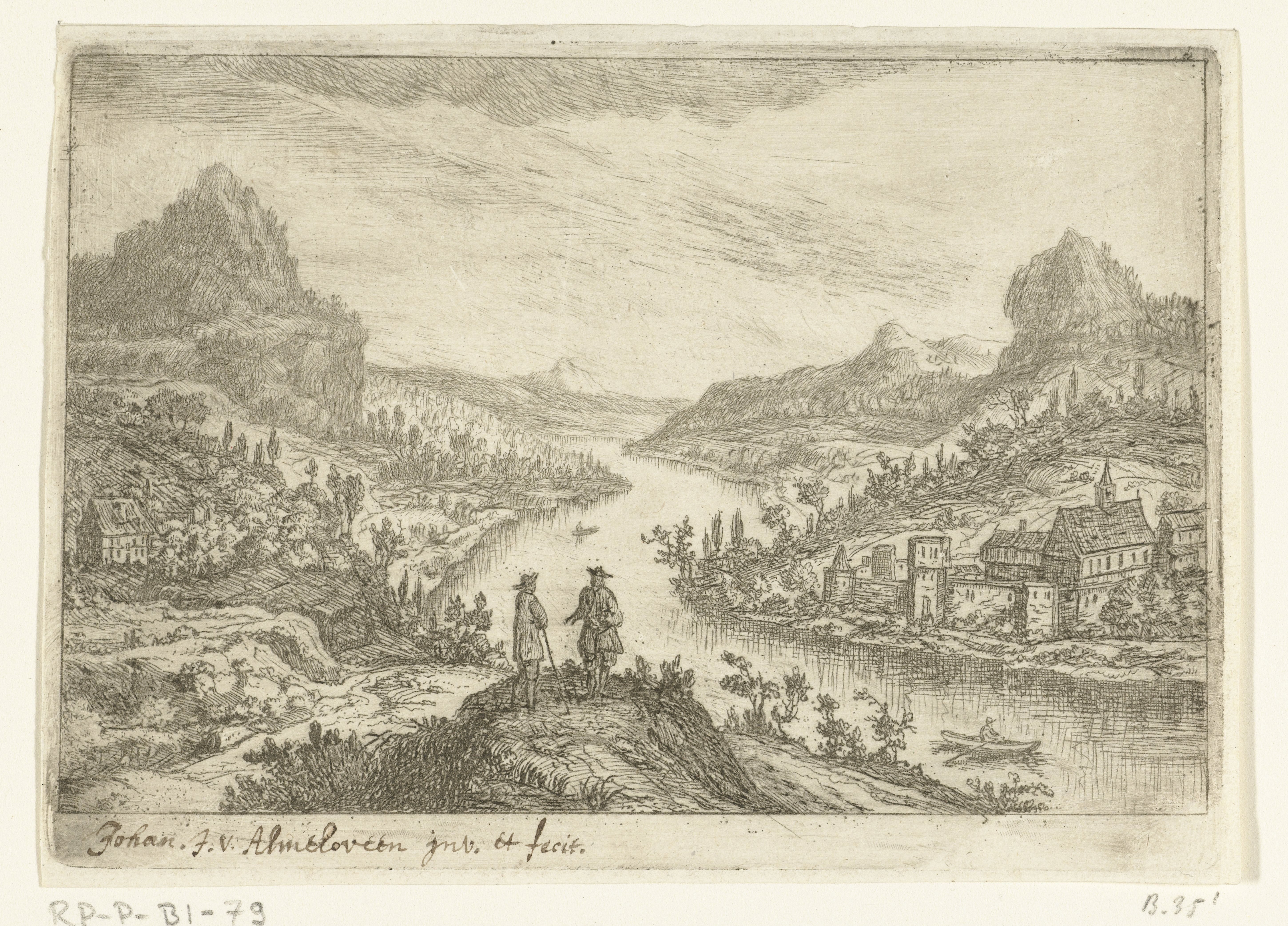 Rivierlandschap met twee mannen op een heuvel