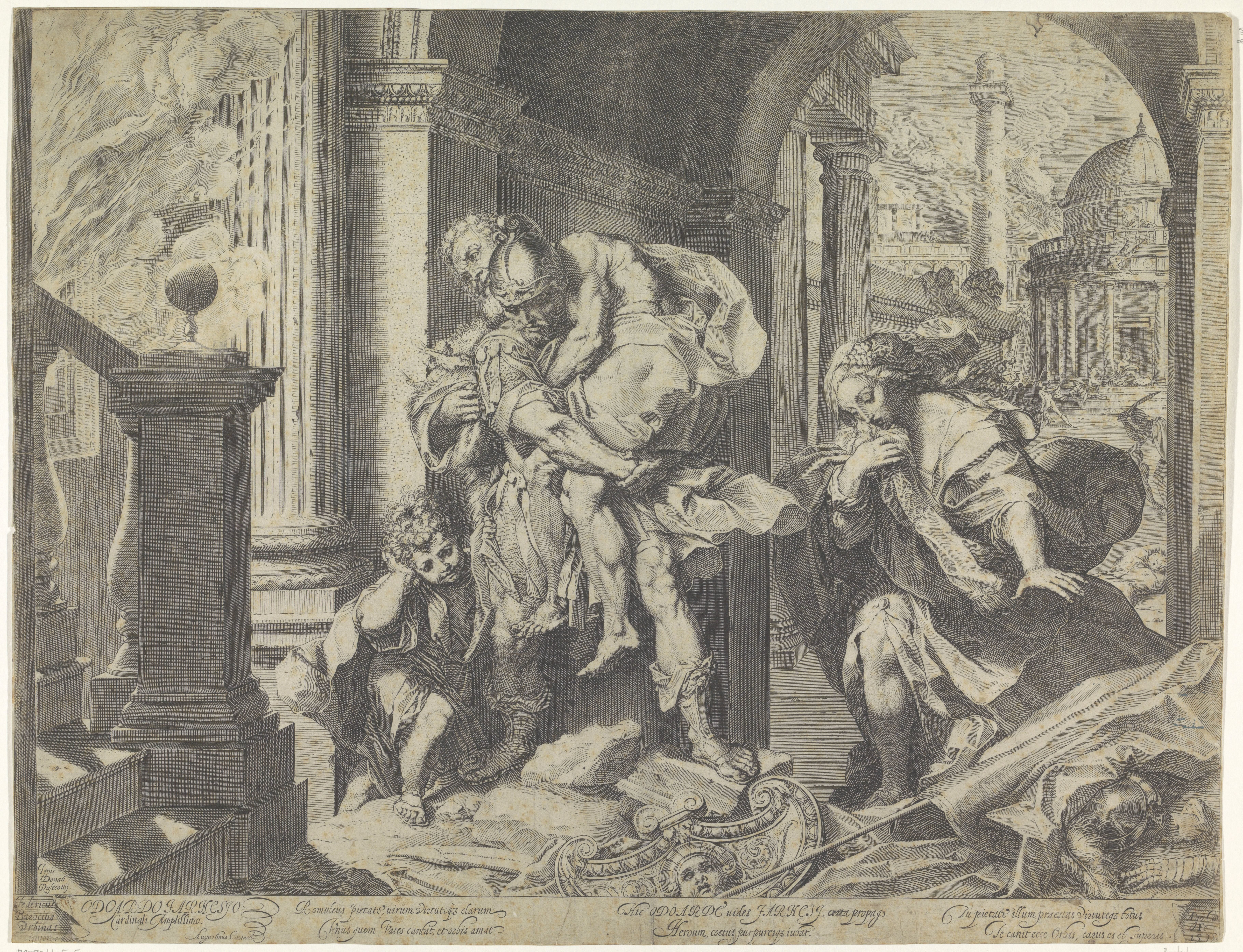 Aeneas vlucht met zijn familie uit Troje