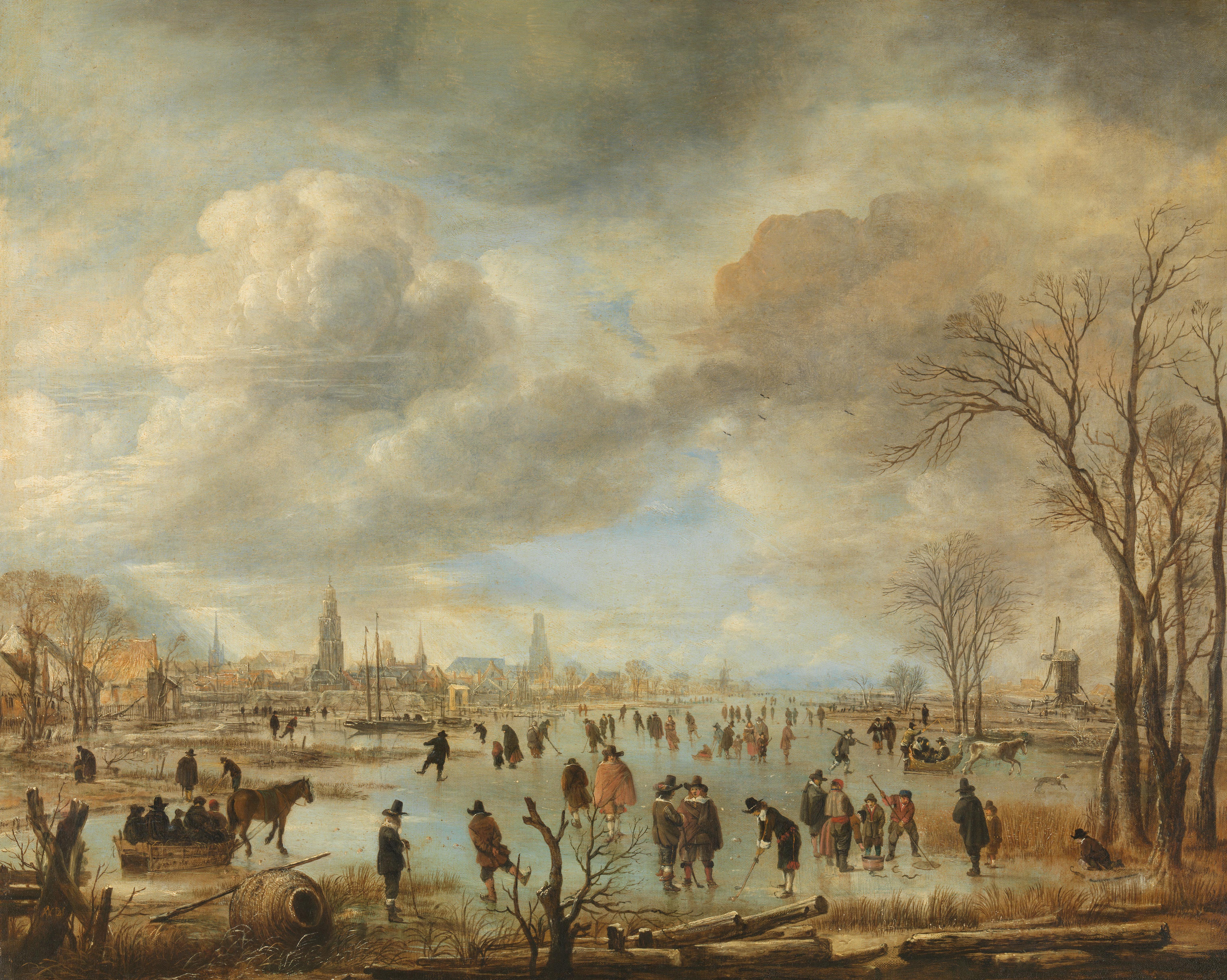 Winter Landscape near a Town with Kolf Players and Horse-Drawn Sleighs