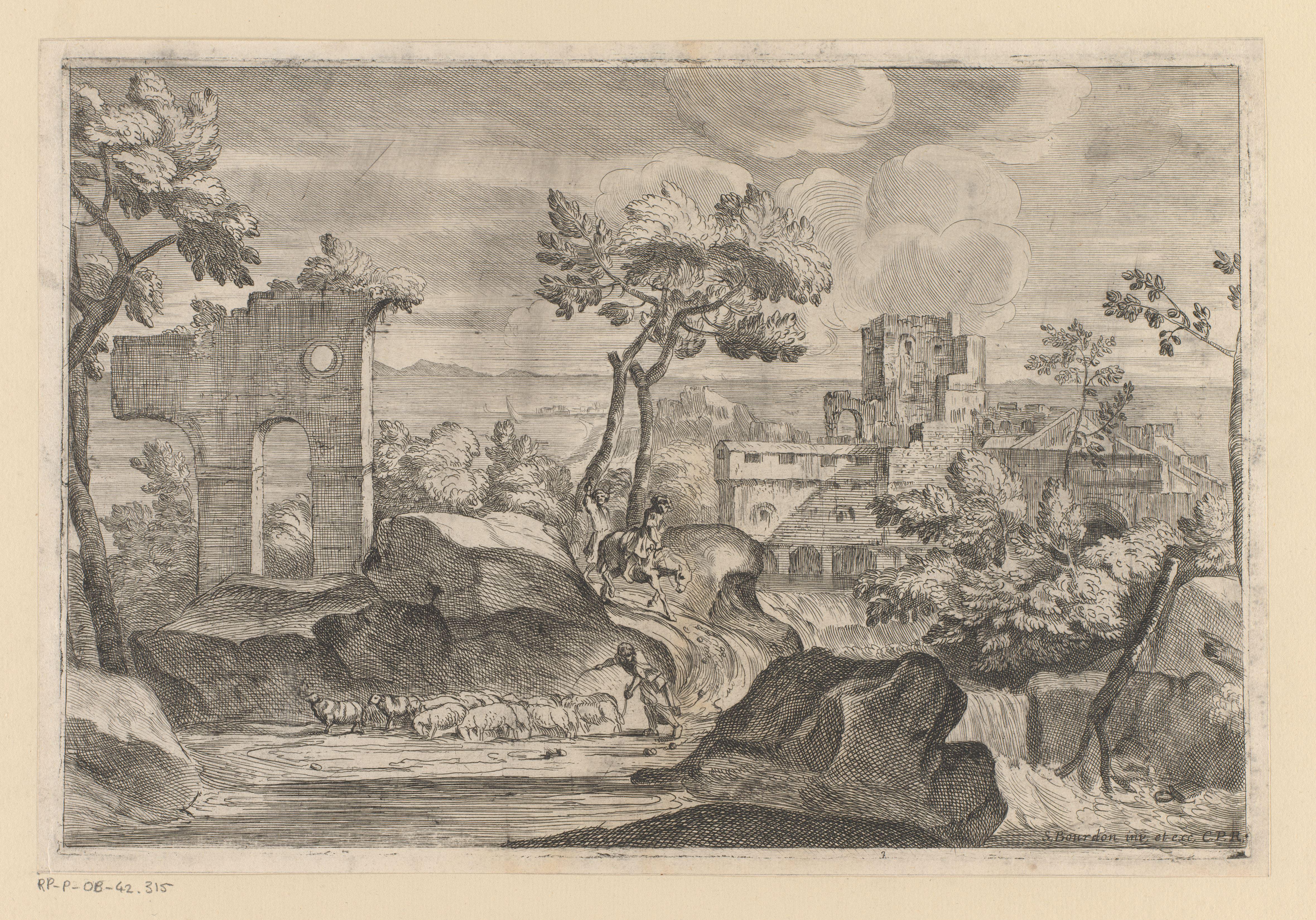 Landschap met ruïnes en een herder
