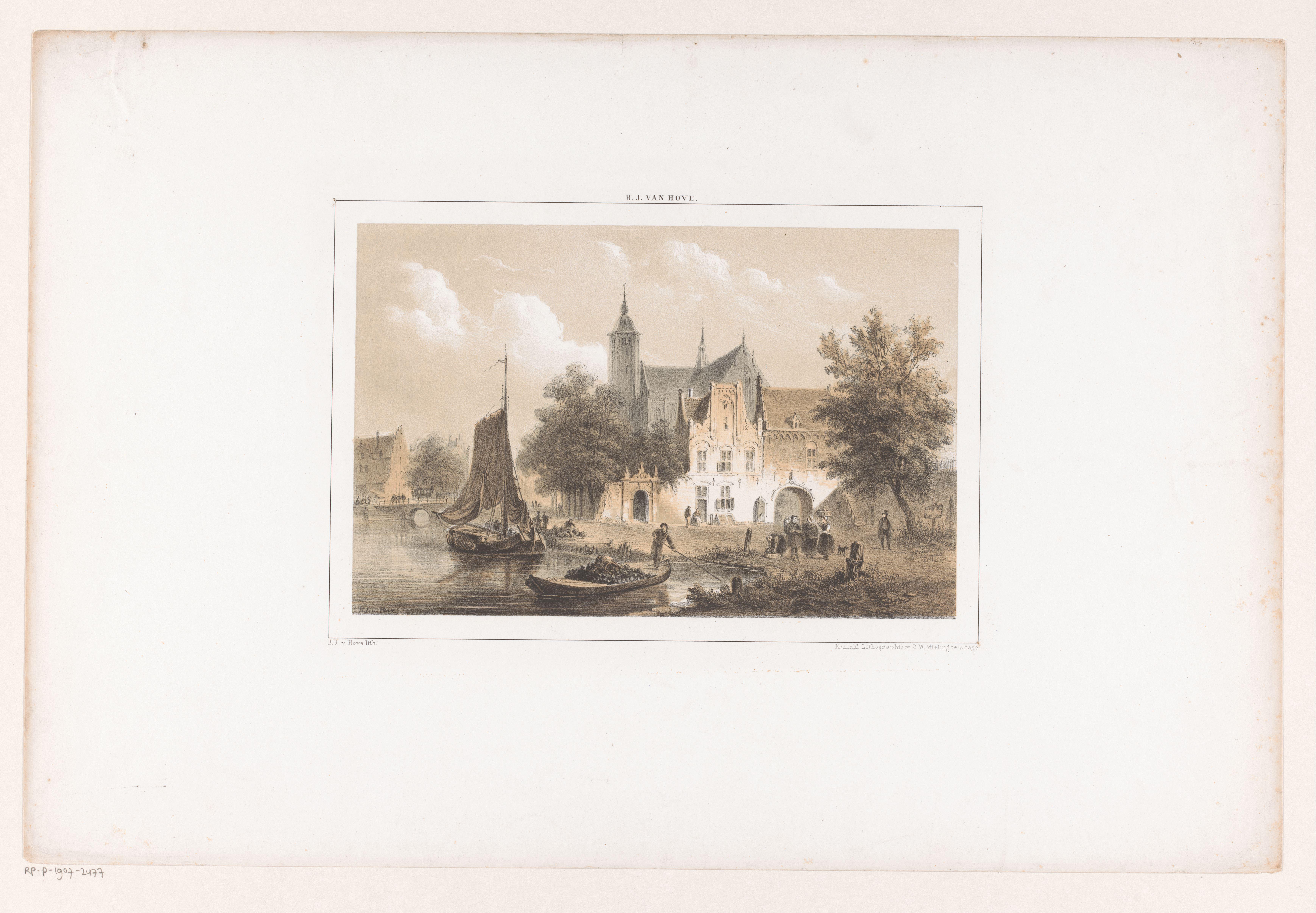 Stadsgezicht met rivier en kerk