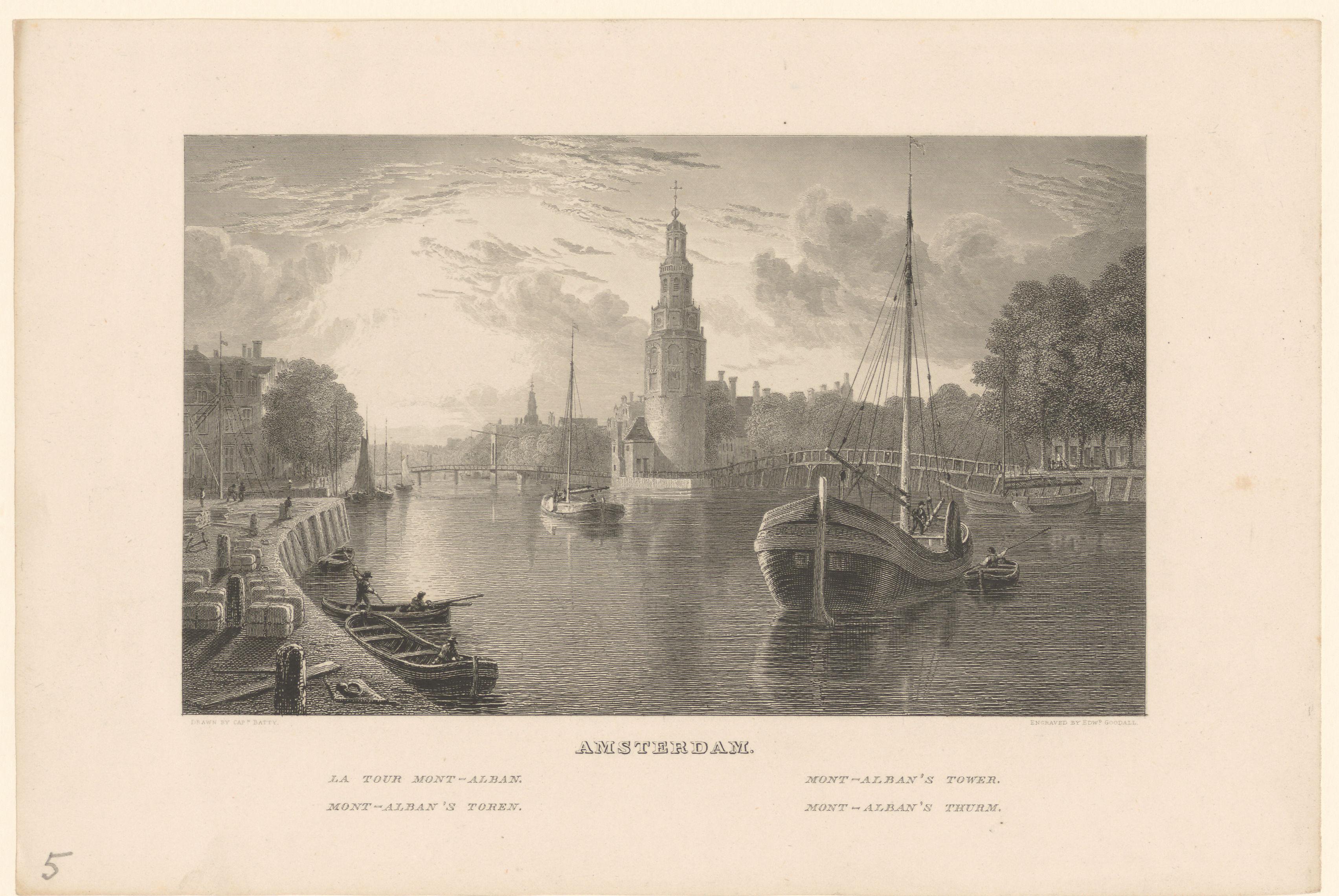 Gezicht op de Montelbaanstoren vanaf 's-Gravenhekje