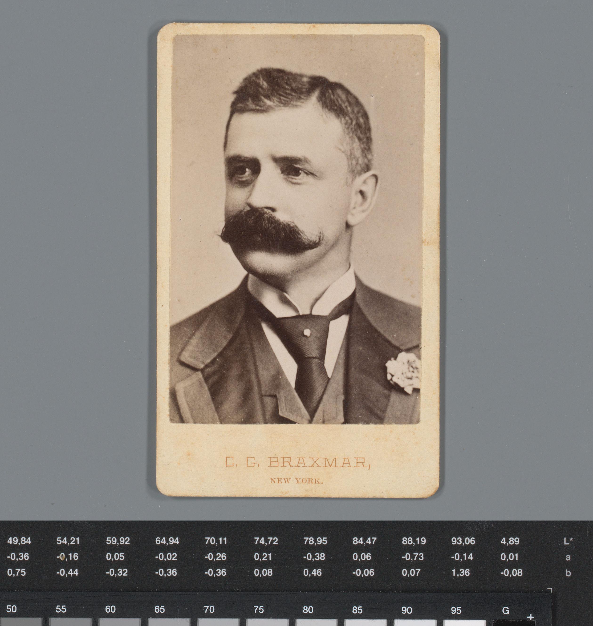 Visitekaart voor juwelier Charles George Braxmar te New York met diens portret