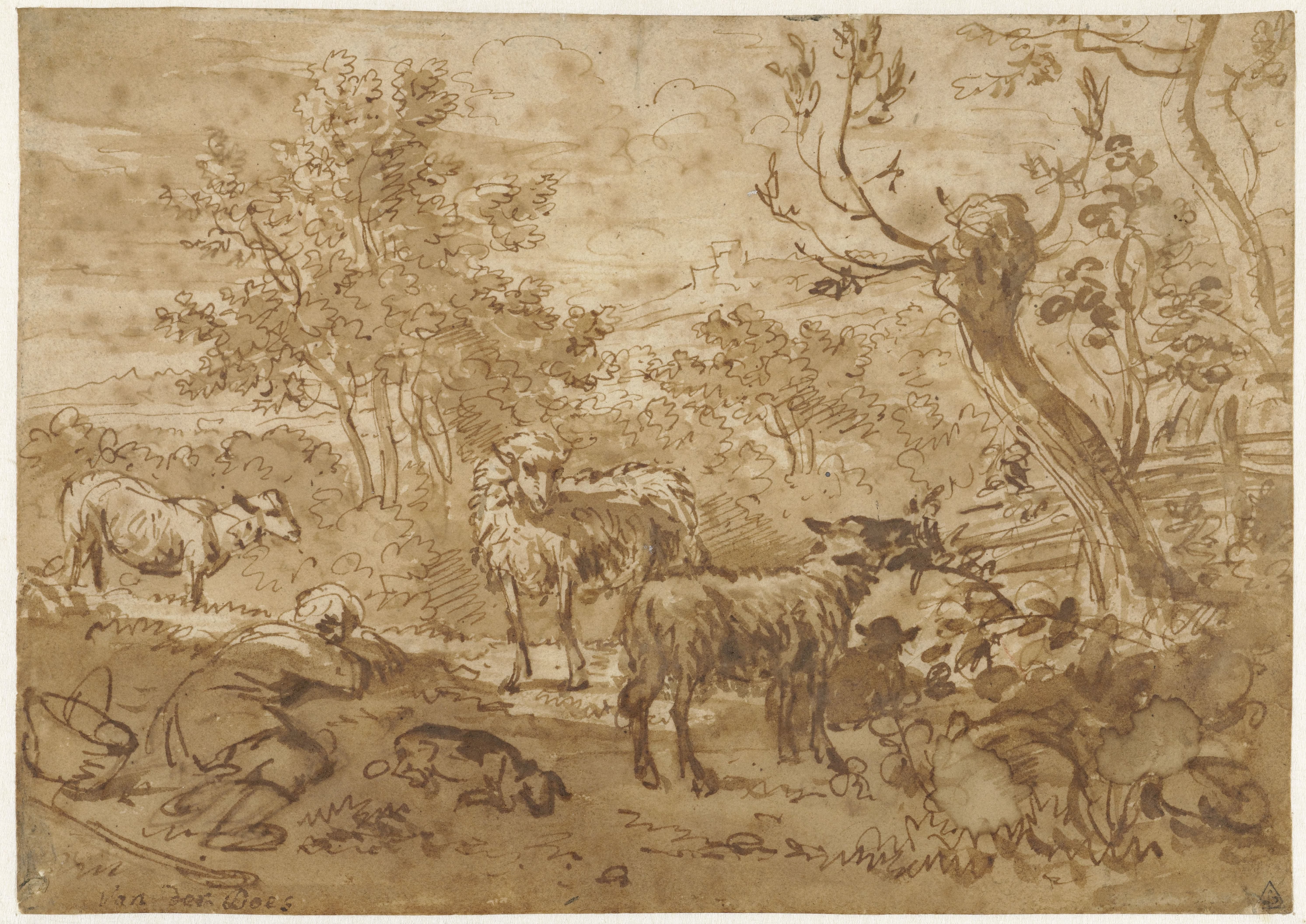Sleeping Shepherd with Four Sheep