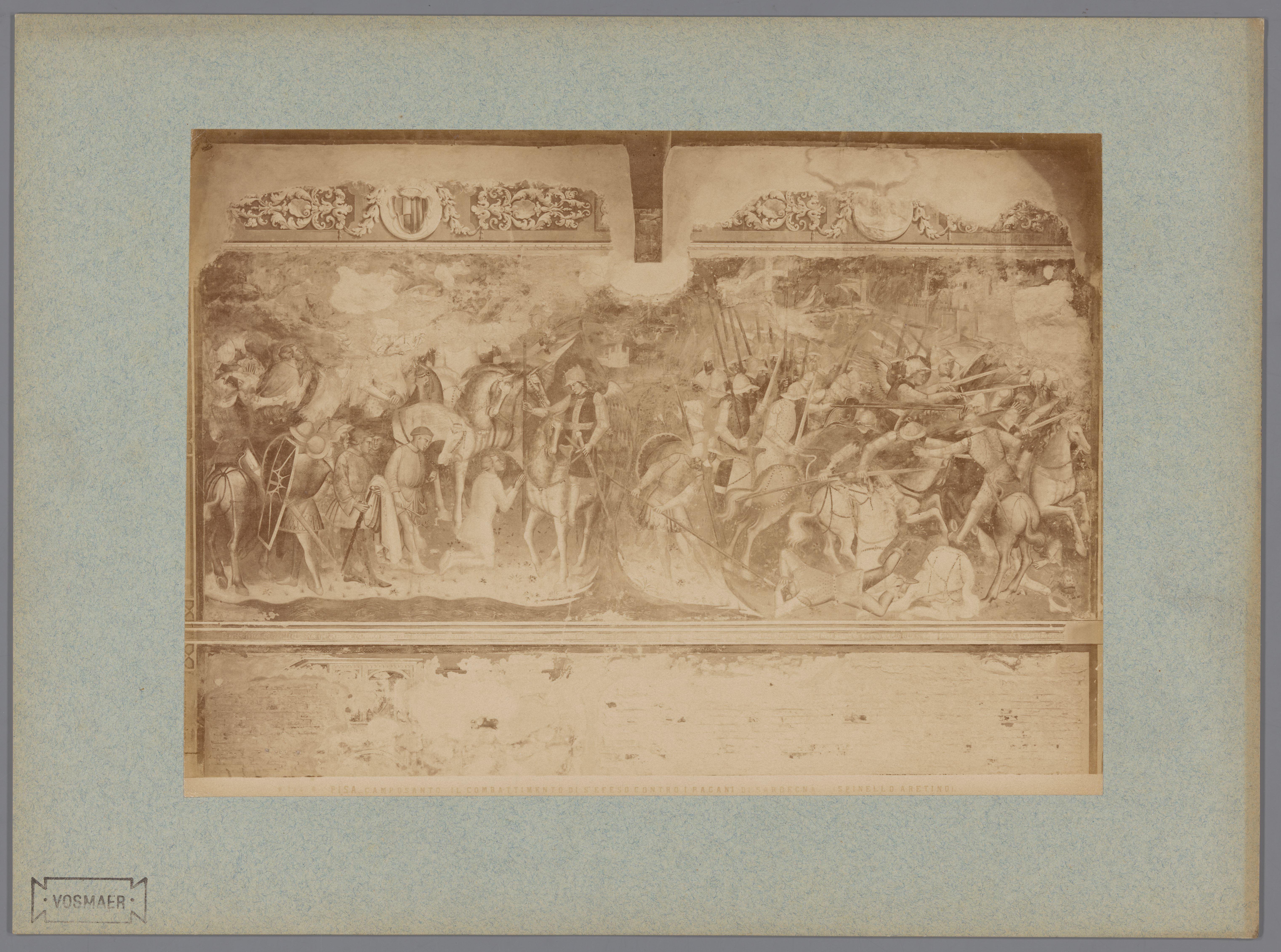 Fotoreproductie van het fresco Het gevecht van Sint Ephysius tegen de ongelovigen van Sardinië naar Spinello Aretino in het Camposanto te Pisa, Italië