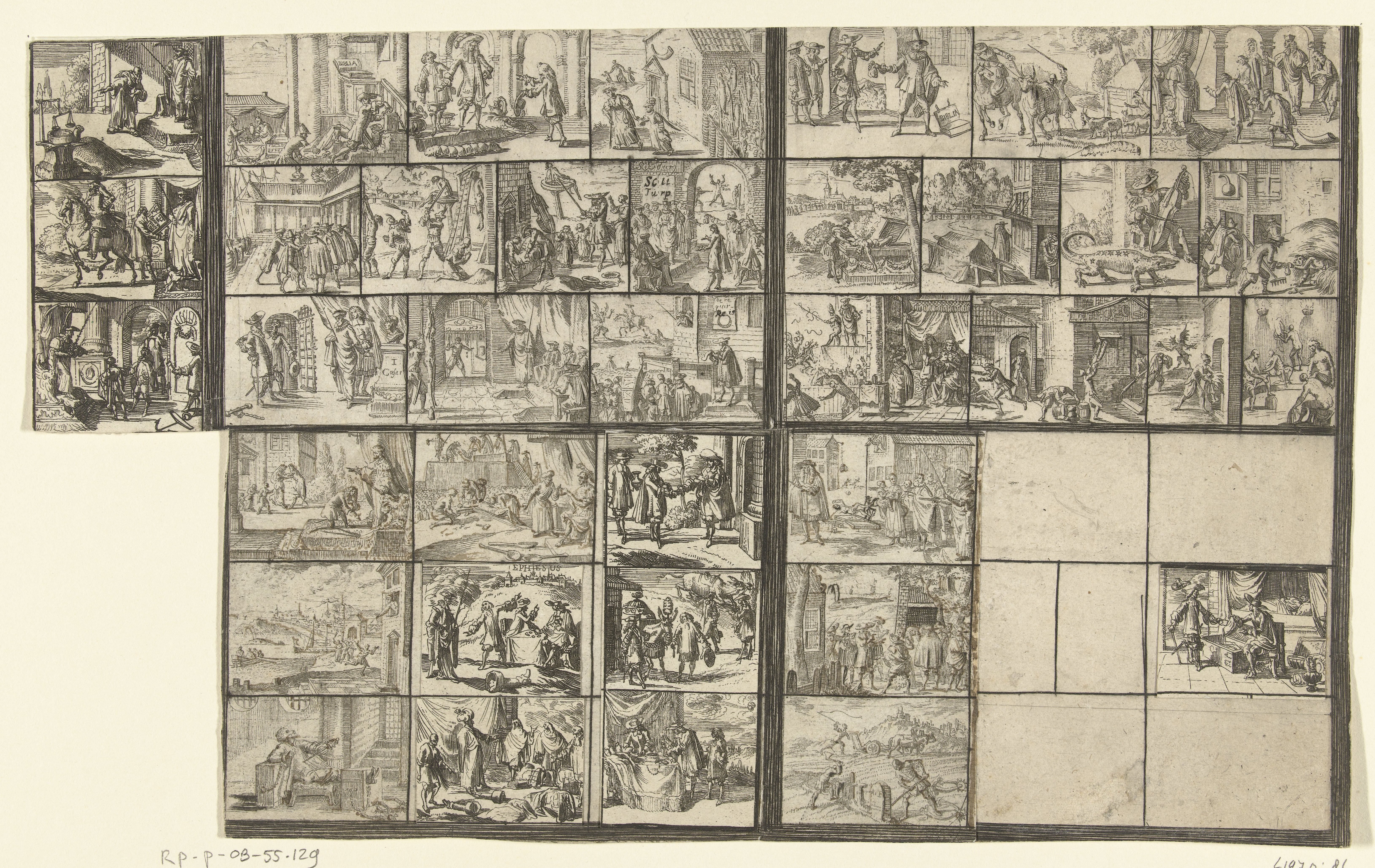 Blad met tientallen kleine voorstellingen van juridische aard (illustraties voor 'Ars magna et admirabilis (...) Pandectarum tituli (...) ope figurarum emblematicarum'?)