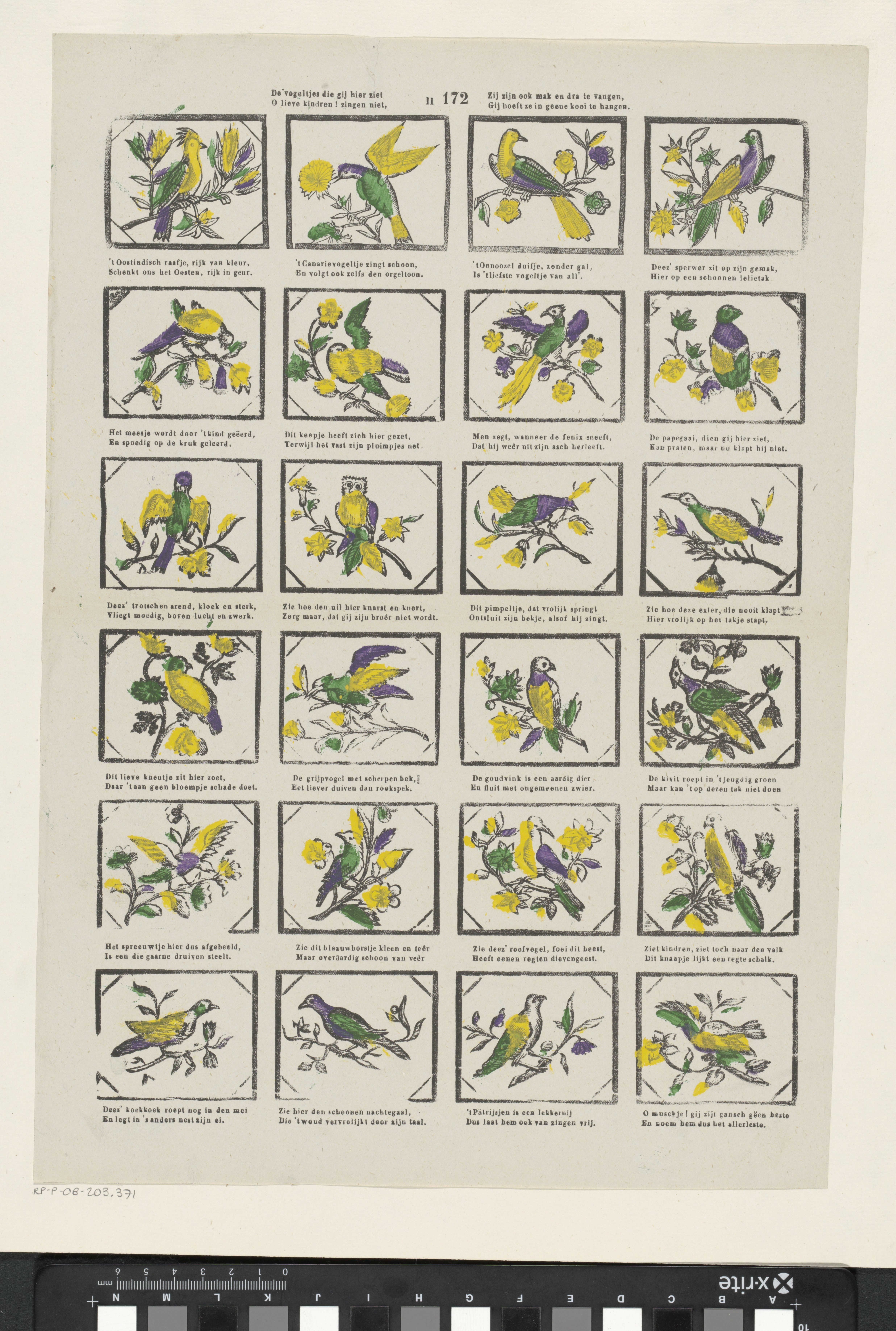 De vogeltjes die gij hier ziet / O lieve kindren! zingen niet, / Zij zijn ook mak en dra te vangen, / Gij hoeft ze in geene kooi te hangen