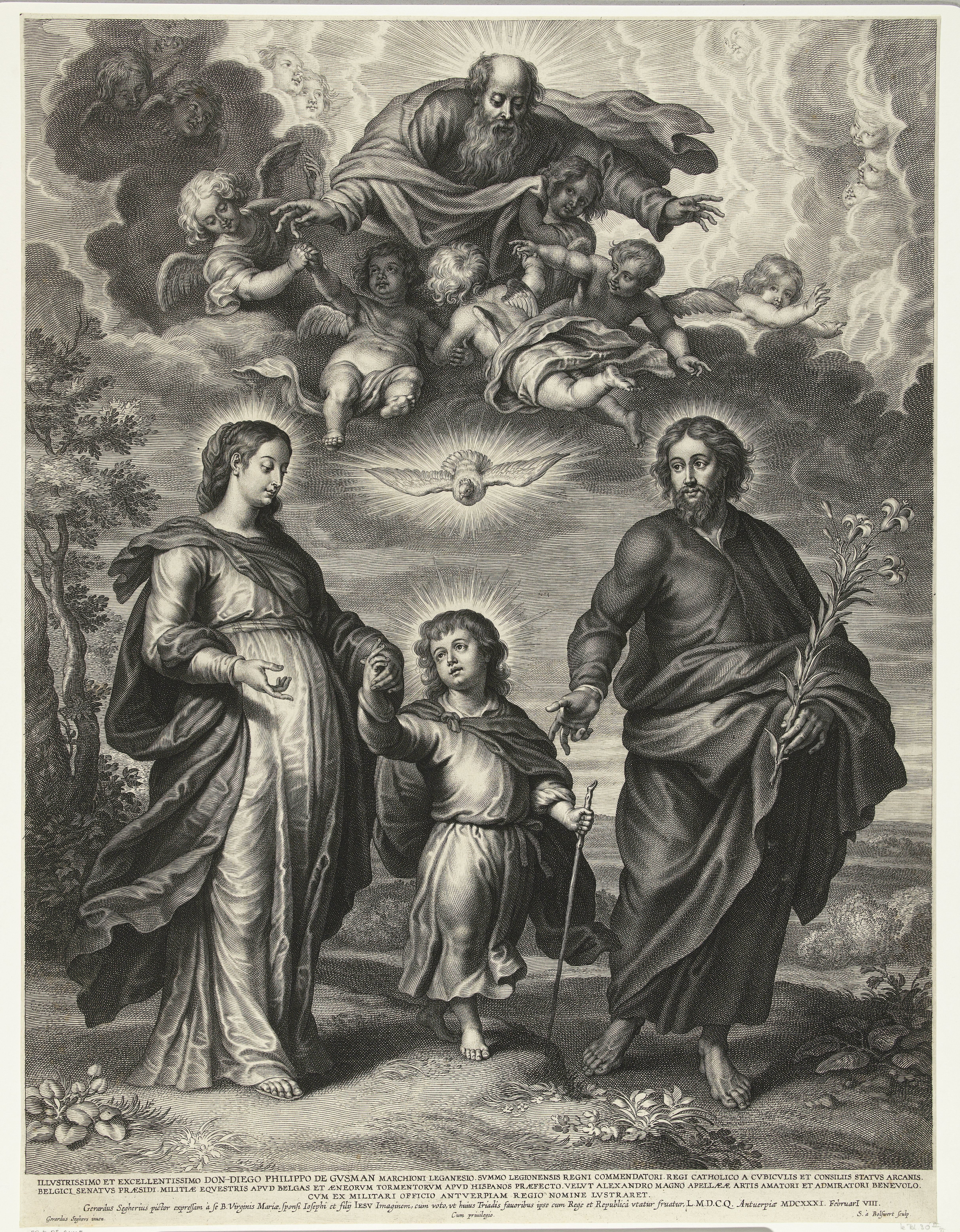 Christuskind loopt tussen Maria en Jozef met boven hen God, Heilige Geest en engelen
